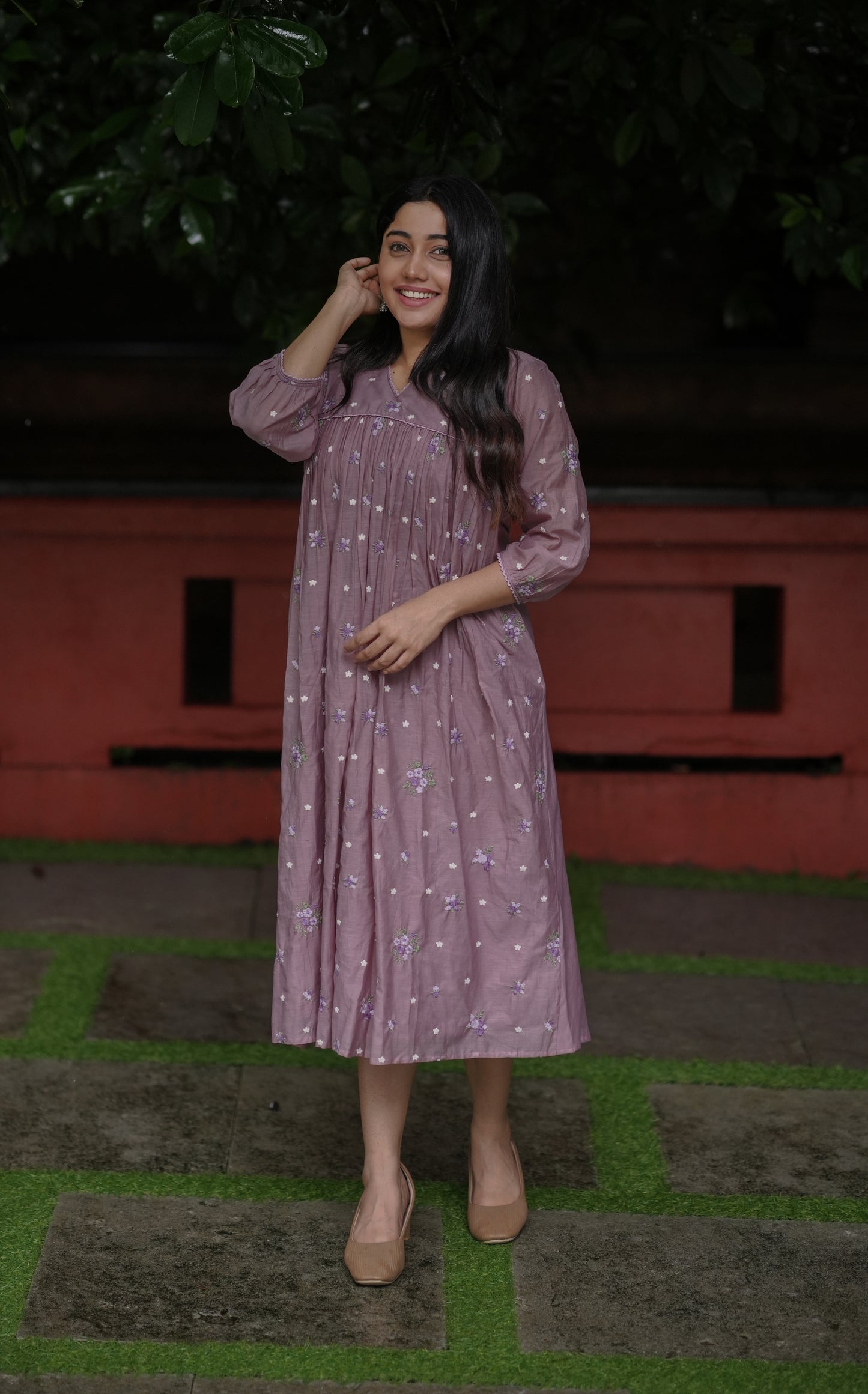 Mauve shaded chanderi Aline dress/kurti with self threaded floral embroidery MBS-735