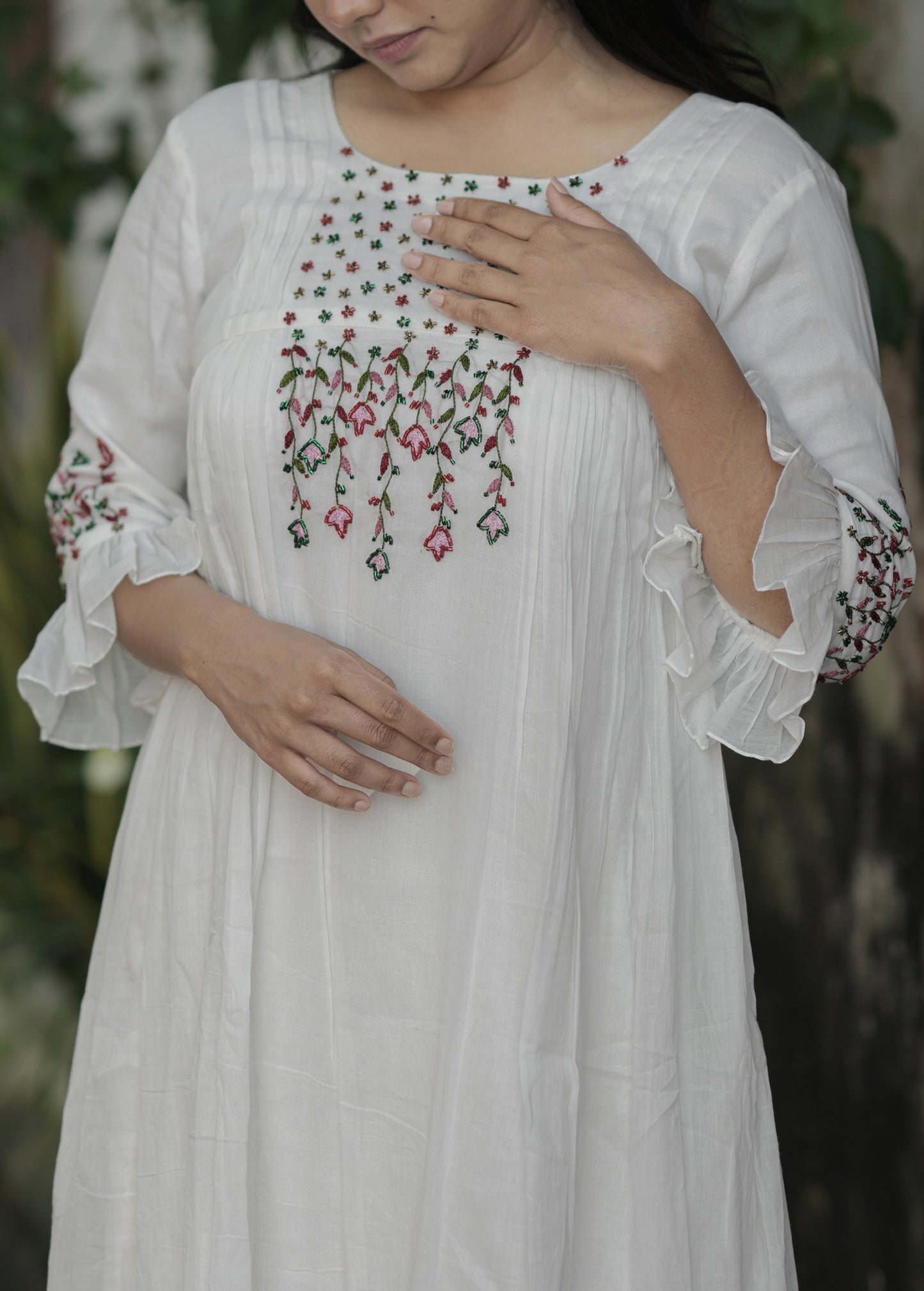 White soft pure mul cotton kurti with handworked yoke and sleeves MBS-695