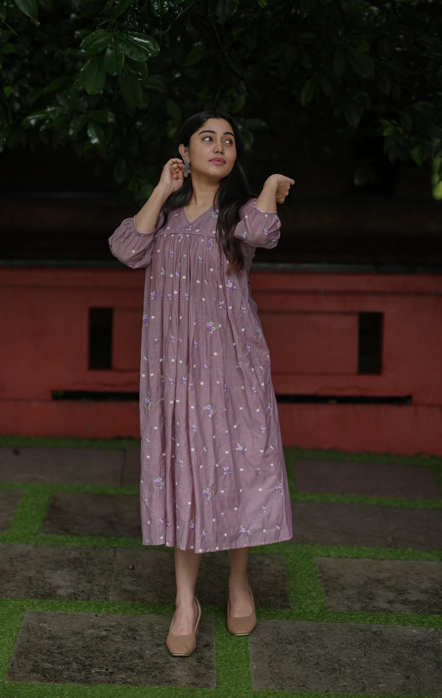 Mauve shaded chanderi Aline dress/kurti with self threaded floral embroidery MBS-735