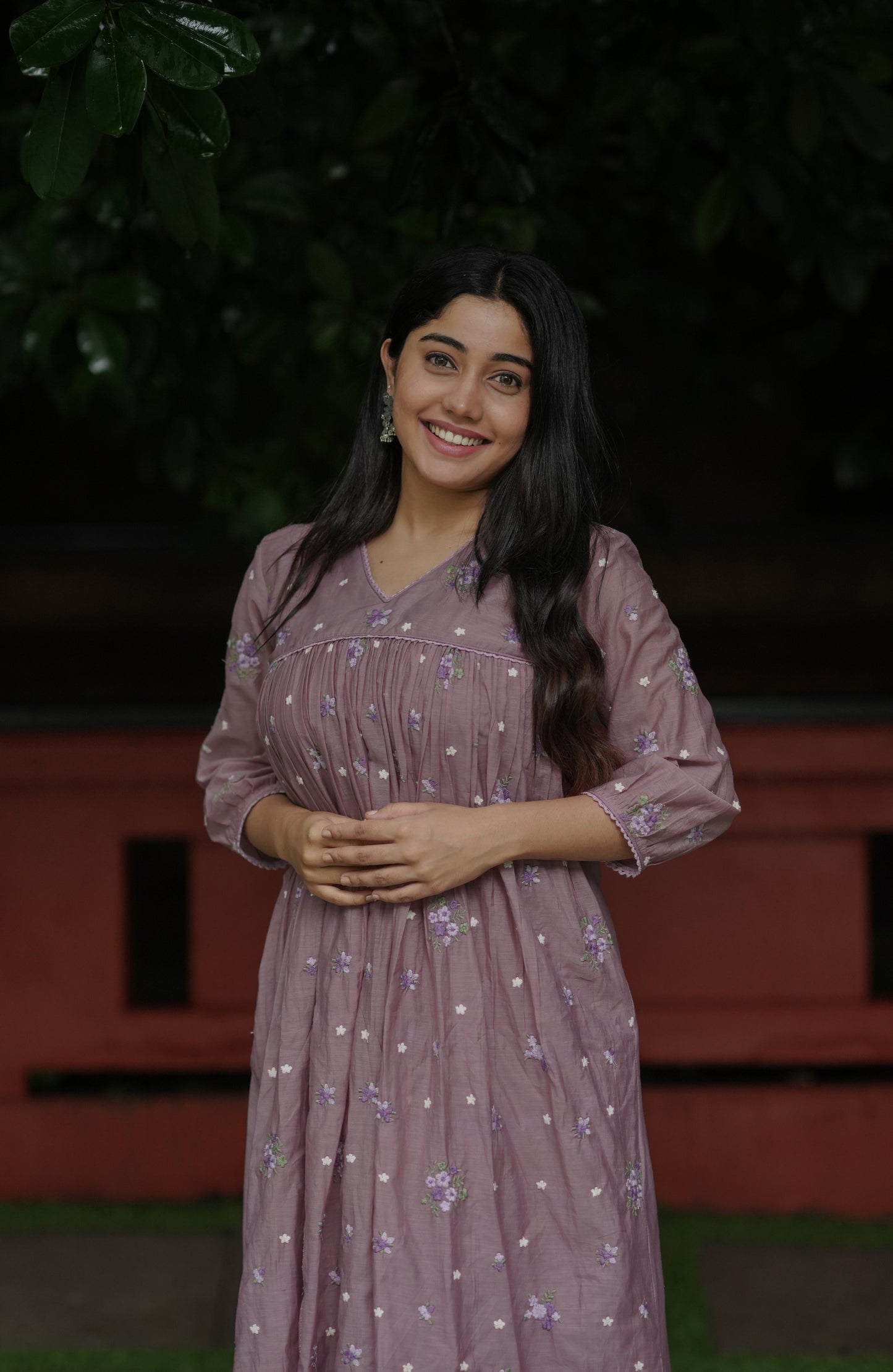 Mauve shaded chanderi Aline dress/kurti with self threaded floral embroidery MBS-735