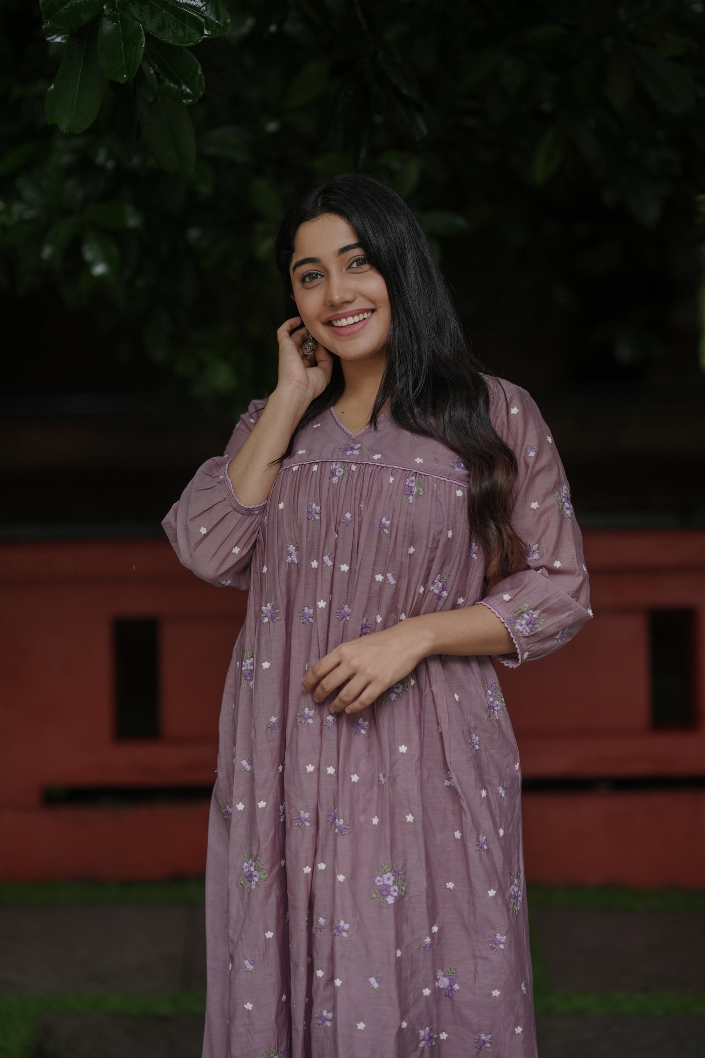 Mauve shaded chanderi Aline dress/kurti with self threaded floral embroidery MBS-735