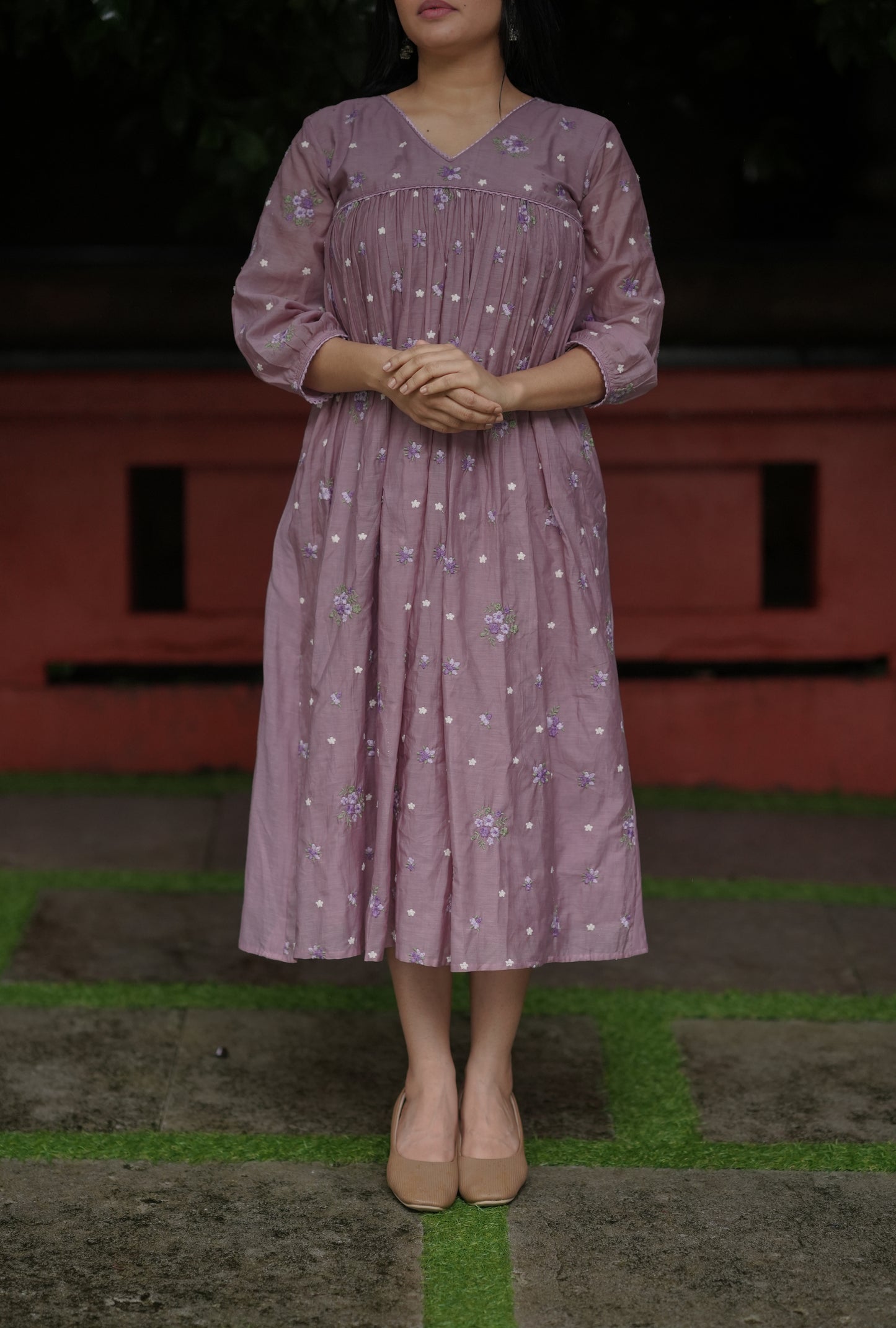 Mauve shaded chanderi Aline dress/kurti with self threaded floral embroidery MBS-735