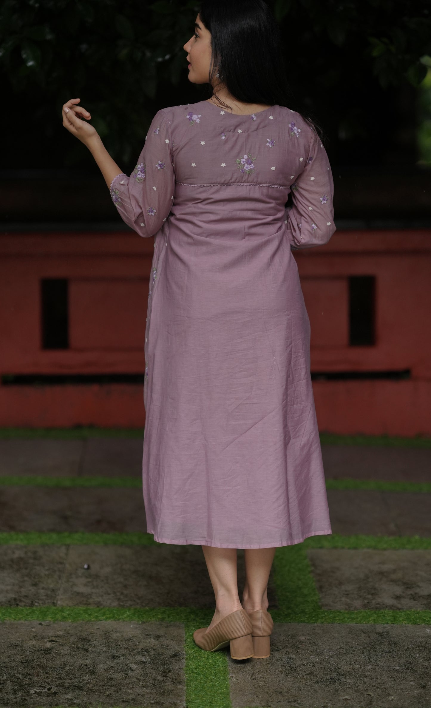 Mauve shaded chanderi Aline dress/kurti with self threaded floral embroidery MBS-735