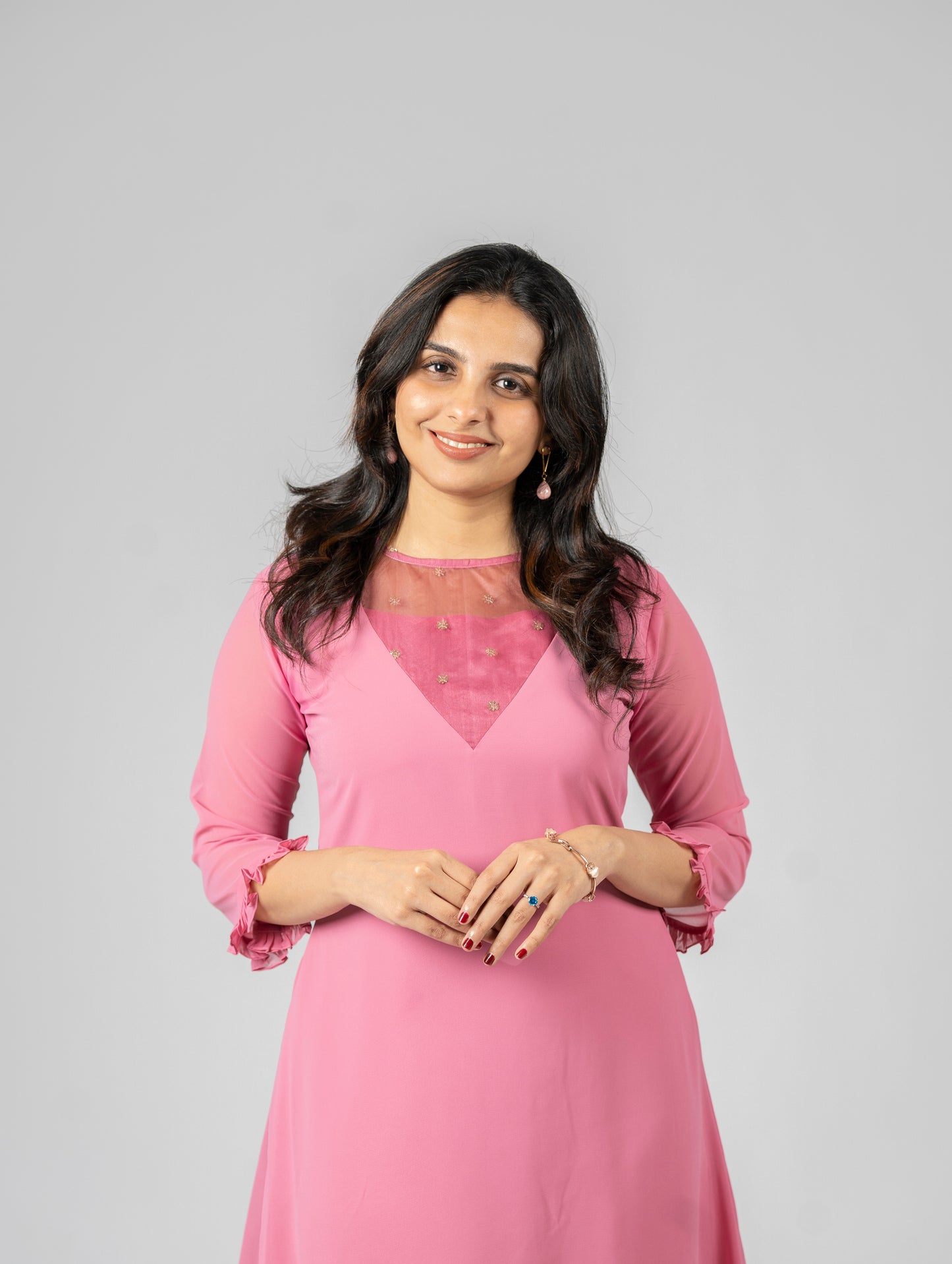 Pastel pink georgette A-line kurti with sequenced organza yoke MBS-272