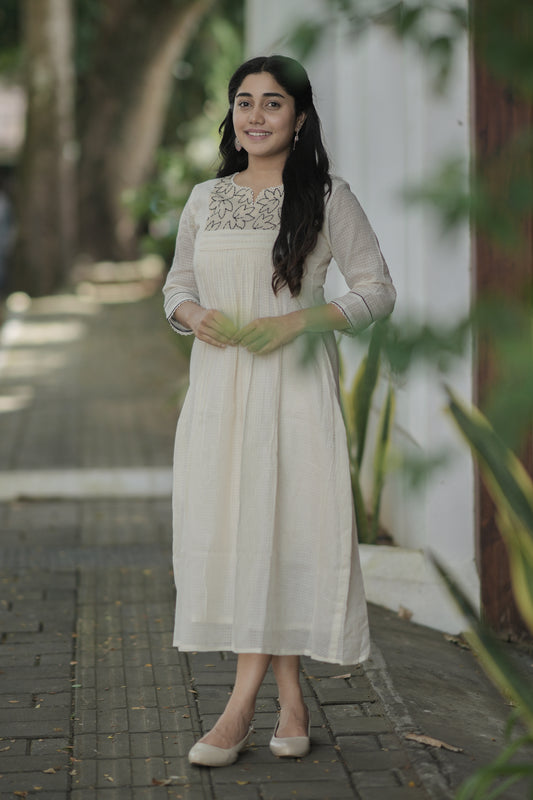 Soft cotton kota checks kurti with black floral thread embroidered yoke MBS-691