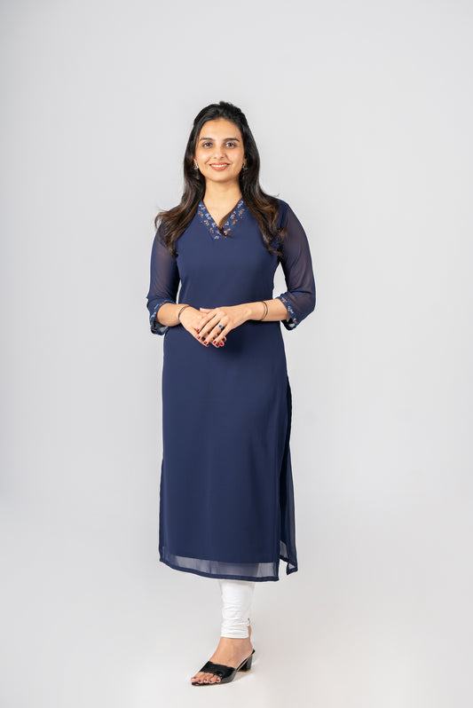Navy blue georgette kurti with handworked collar neck and sleeves MBS-270