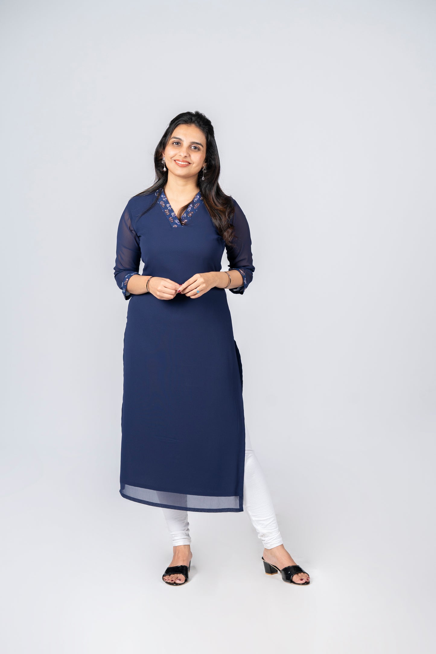 Navy blue georgette kurti with handworked collar neck and sleeves MBS-270