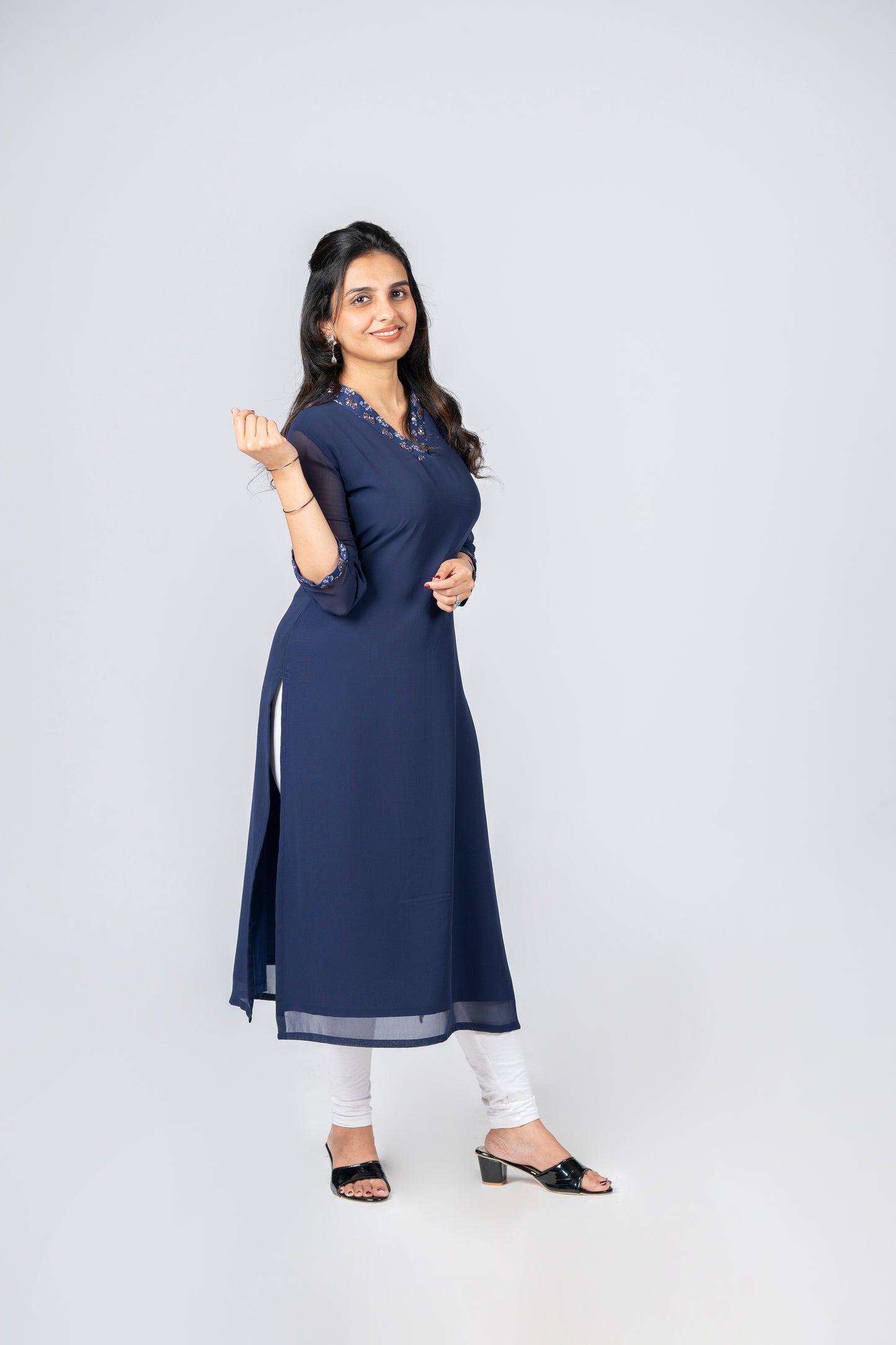 Navy blue georgette kurti with handworked collar neck and sleeves MBS-270