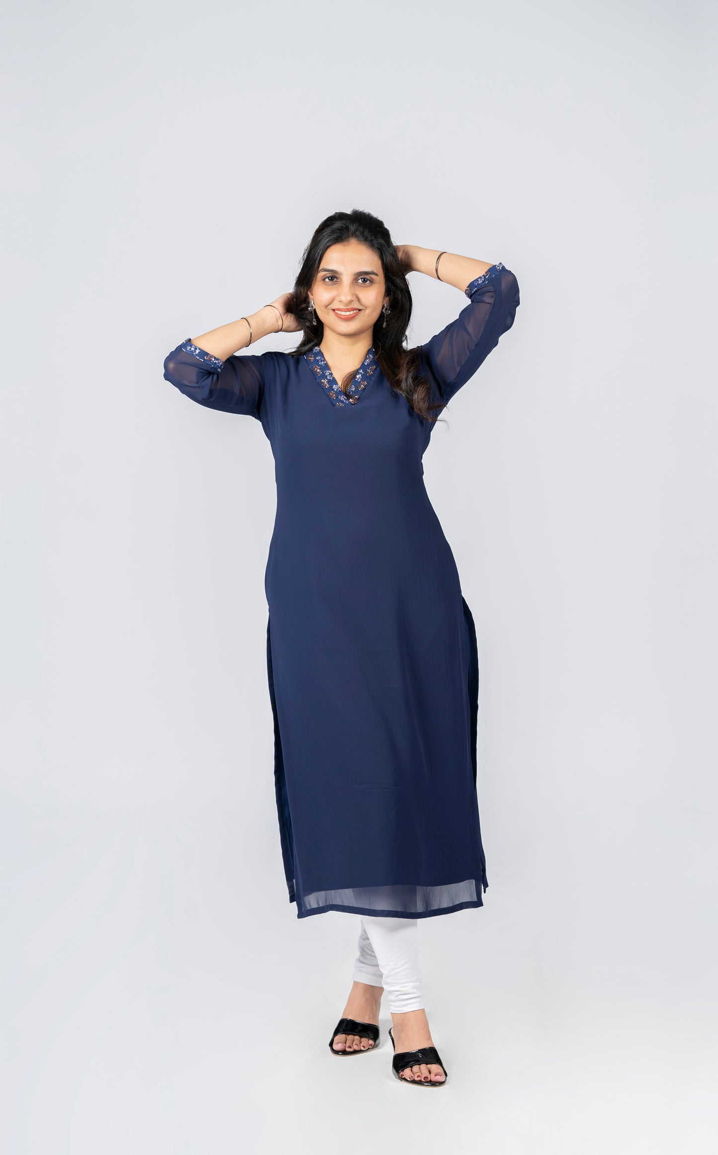 Navy blue georgette kurti with handworked collar neck and sleeves MBS-270