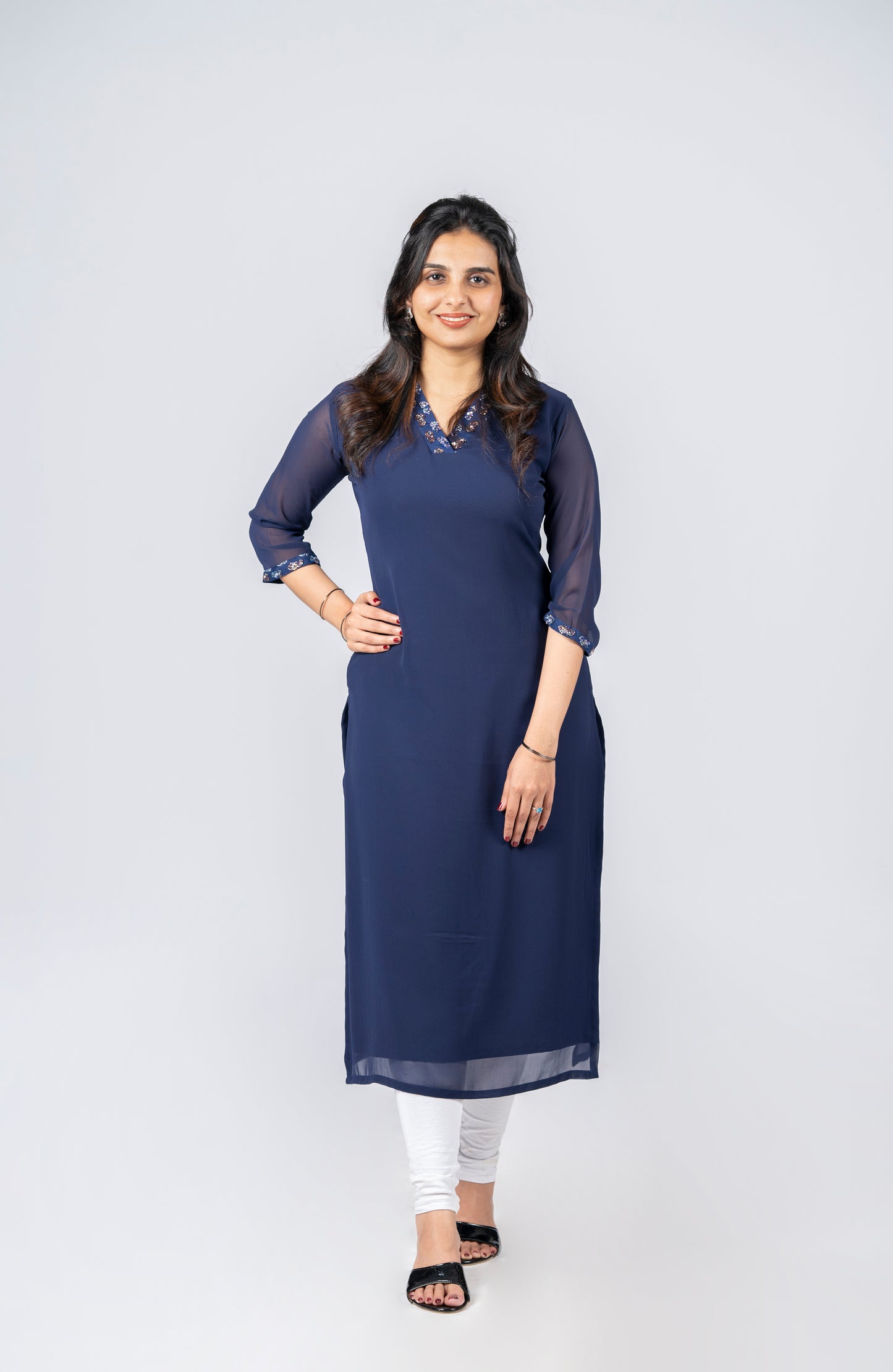 Navy blue georgette kurti with handworked collar neck and sleeves MBS-270