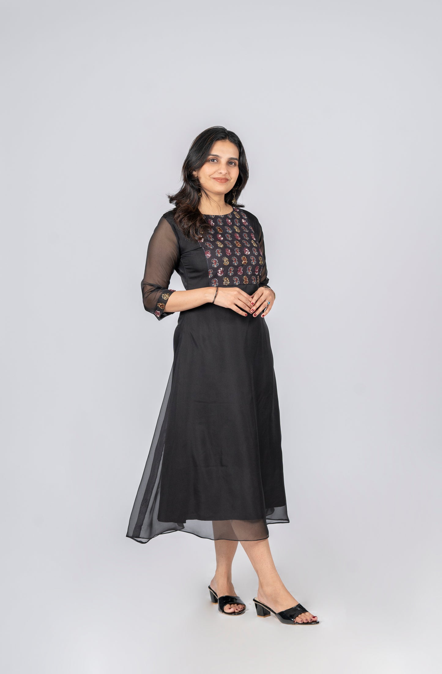 Black soft organza A-line kurti with handwork detailed yoke and sleeves MBS-269