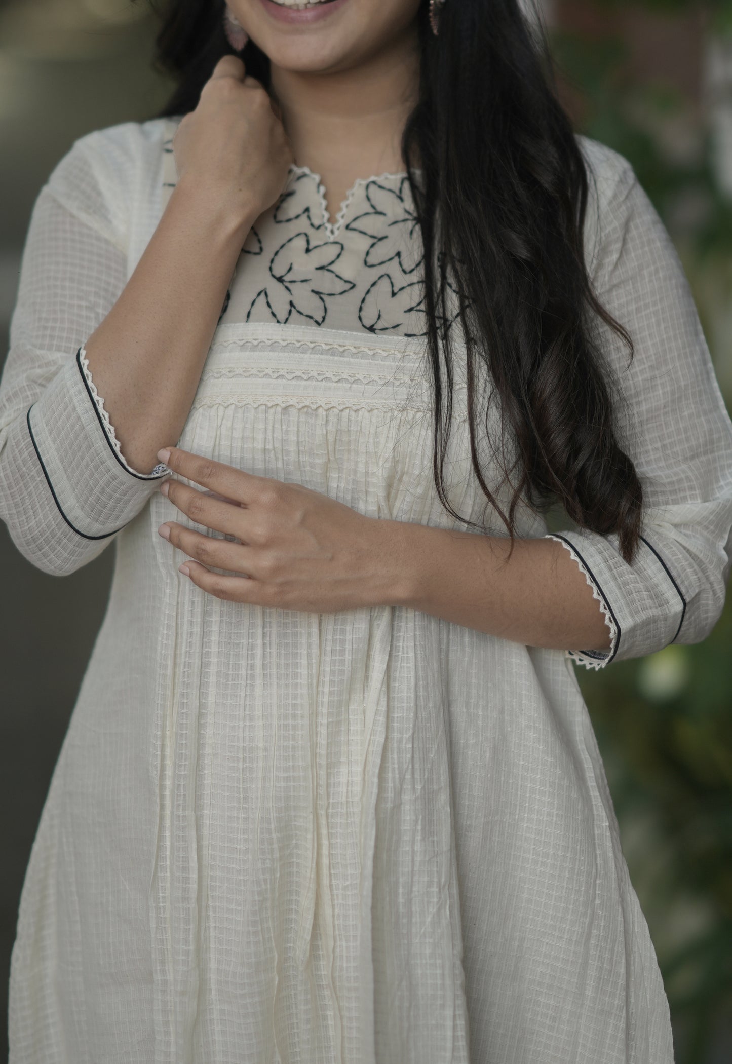 Soft cotton kota checks kurti with black floral thread embroidered yoke MBS-691