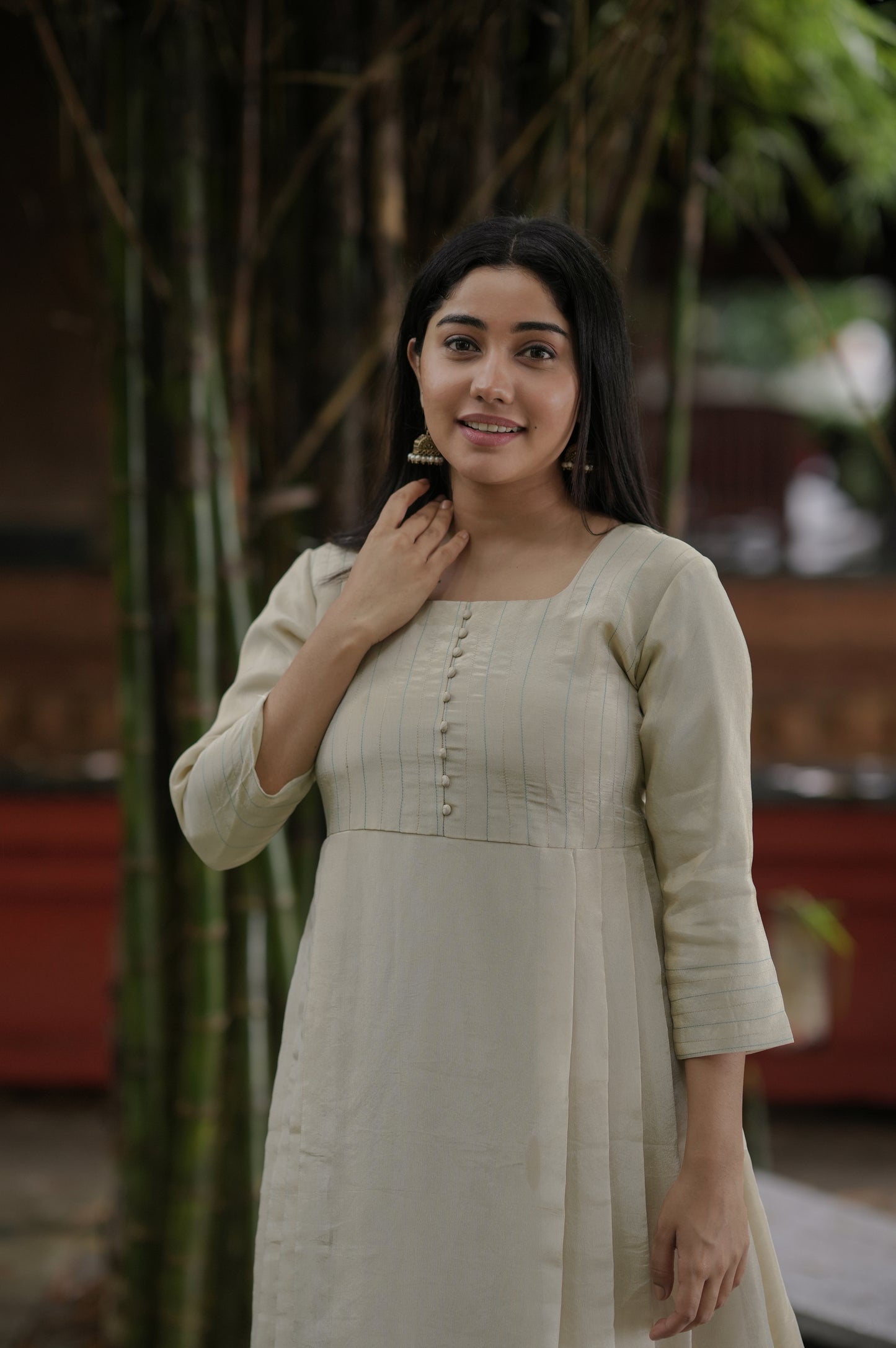 Dyeable pure soft tissue golden Aline kurti with zari detailed yoke and side pleats MBS-620