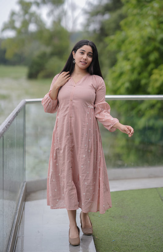 Soft mul cotton kurti/dress with embroidered side gathers in peach shade MBS-643