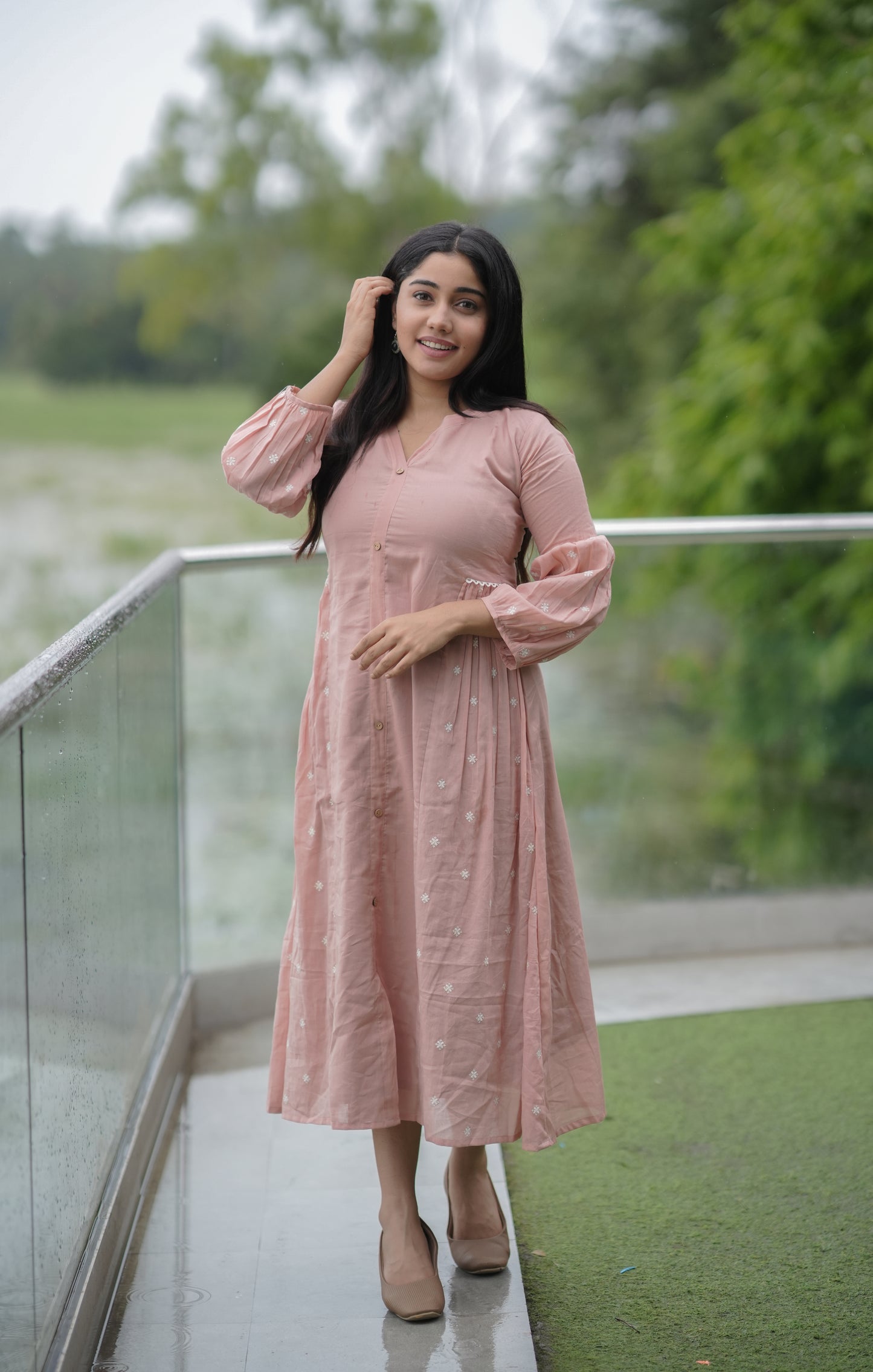 Soft mul cotton kurti/dress with embroidered side gathers in peach shade MBS-643