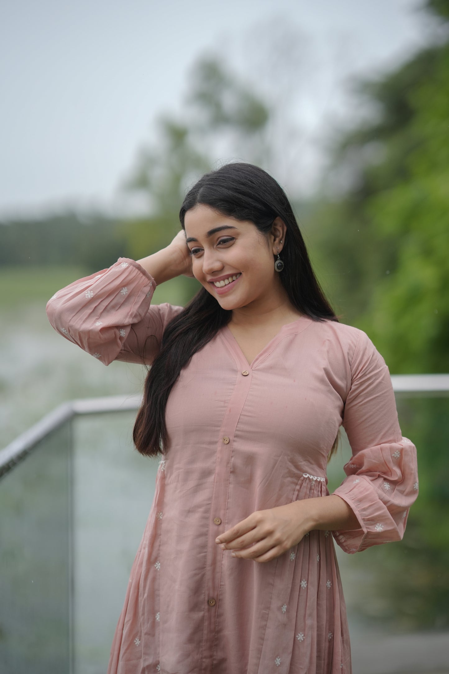 Soft mul cotton kurti/dress with embroidered side gathers in peach shade MBS-643