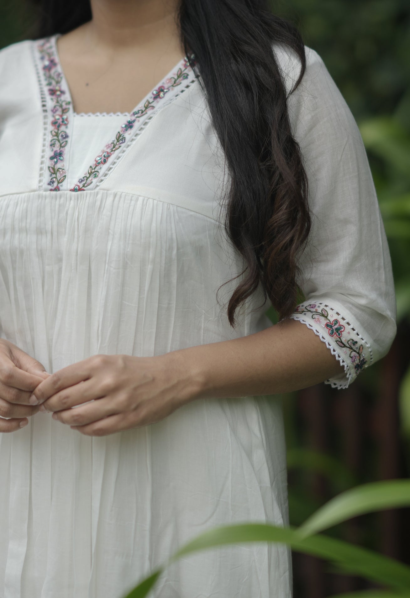 Soft mul cotton kurti/dress with handworked neckline and sleeves MBS-715