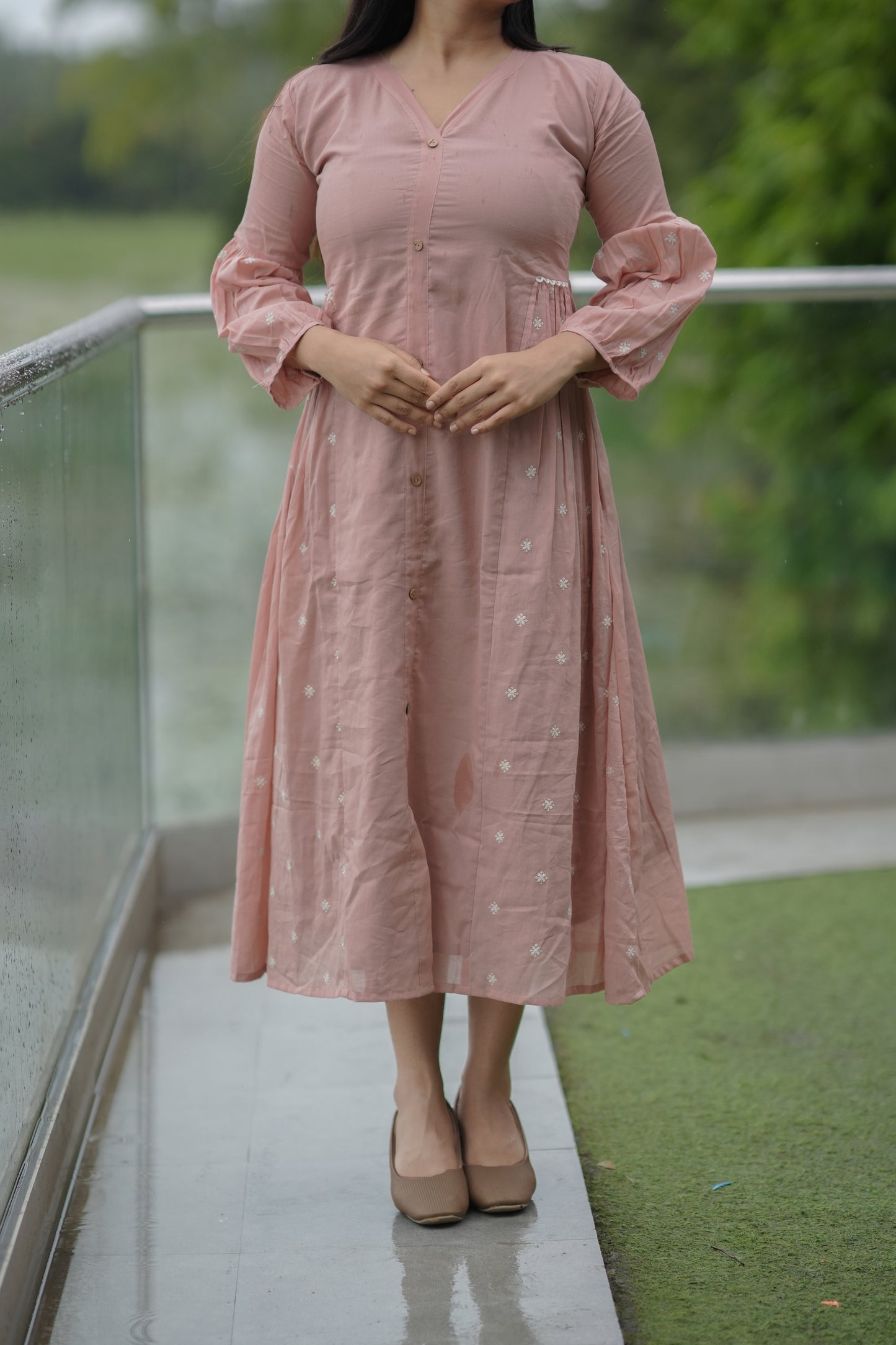 Soft mul cotton kurti/dress with embroidered side gathers in peach shade MBS-643
