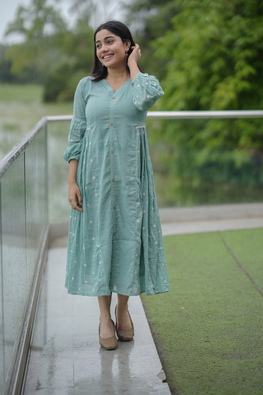 Soft mul cotton kurti/dress with embroidered side gathers in seafoam blue shade MBS-644