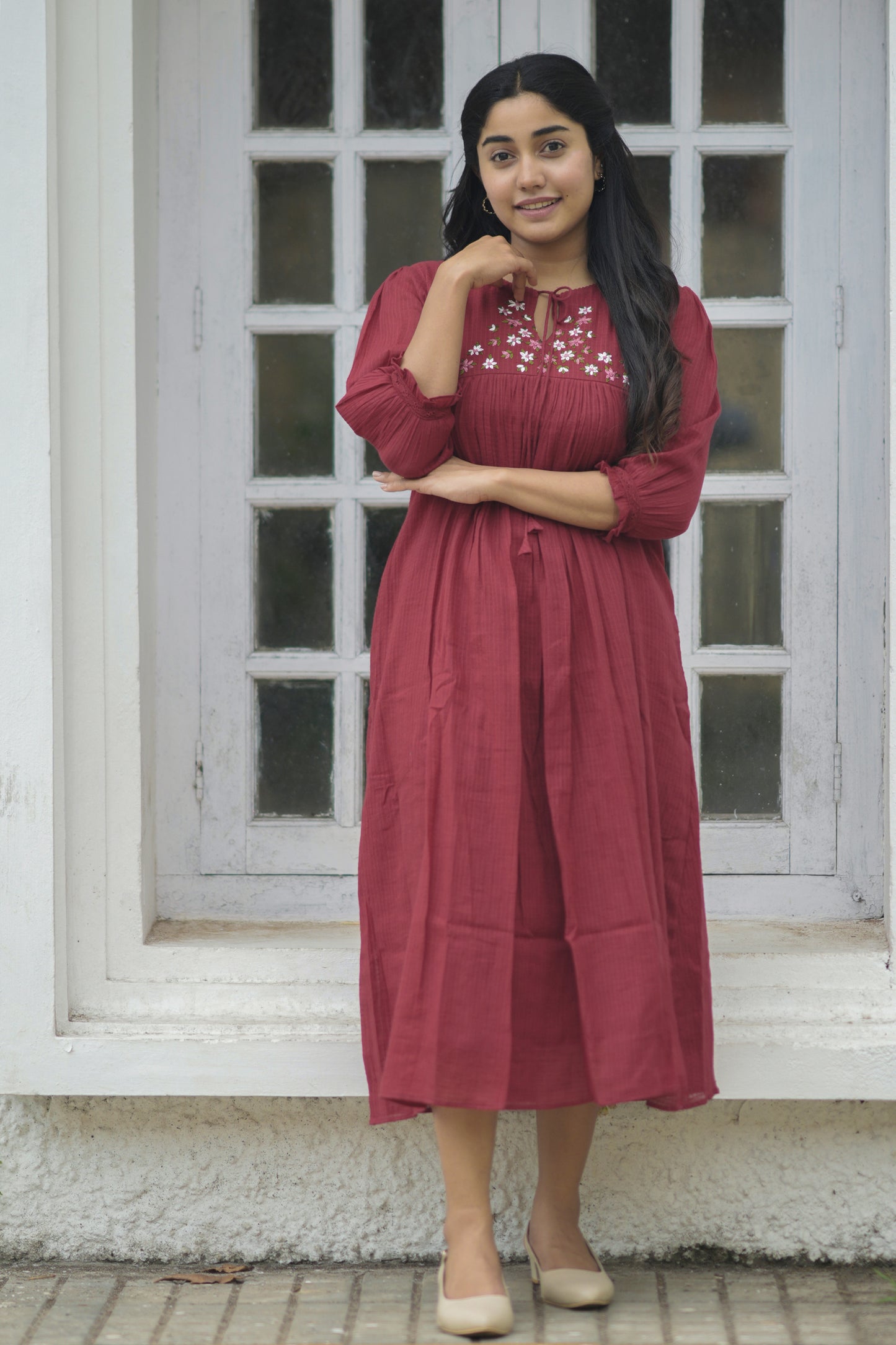 Meroon soft cotton kota kurti/dress with handworked floral thread embroidery on yoke MBS-703