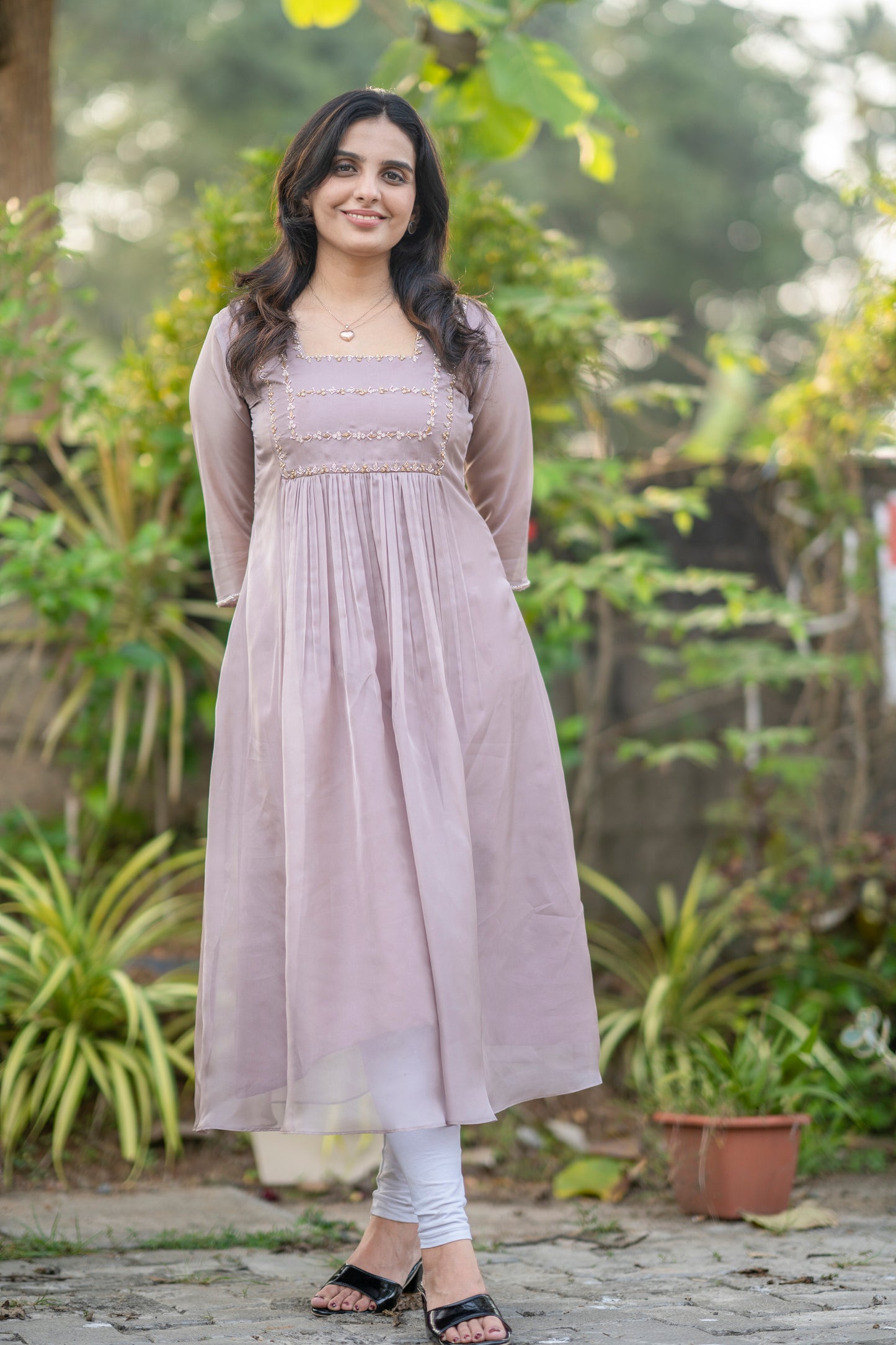 Latte shaded soft organza kurti with handworked yoke and sleeves MBS-282
