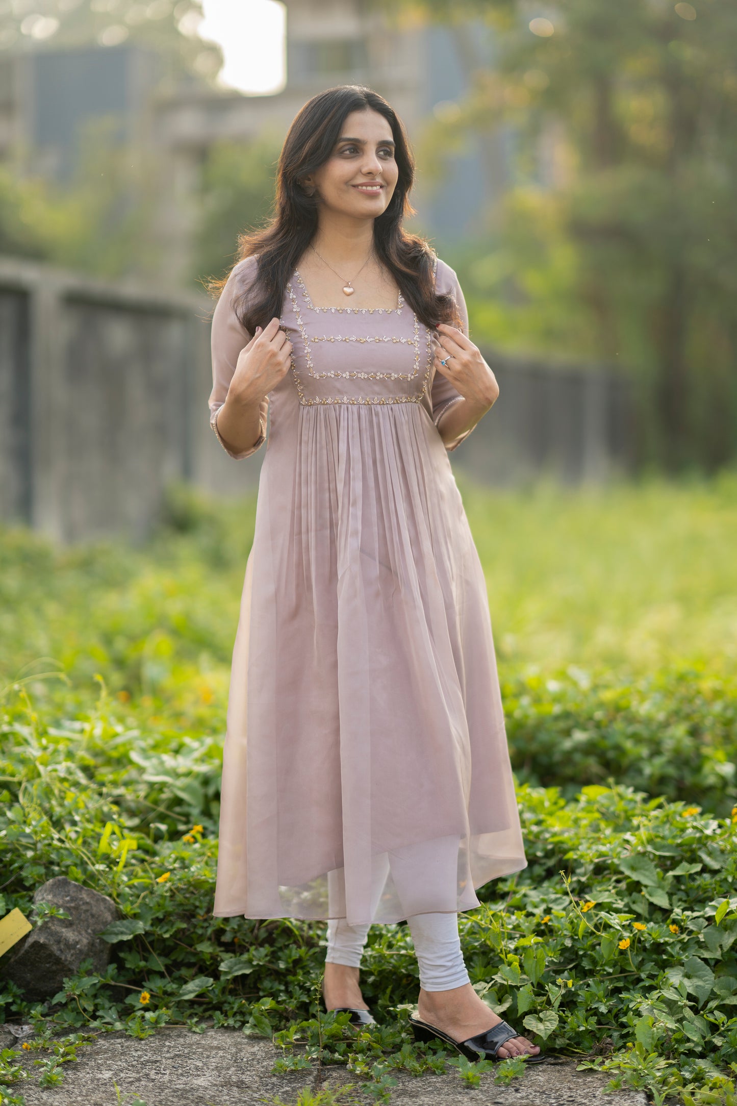 Latte shaded soft organza kurti with handworked yoke and sleeves MBS-282