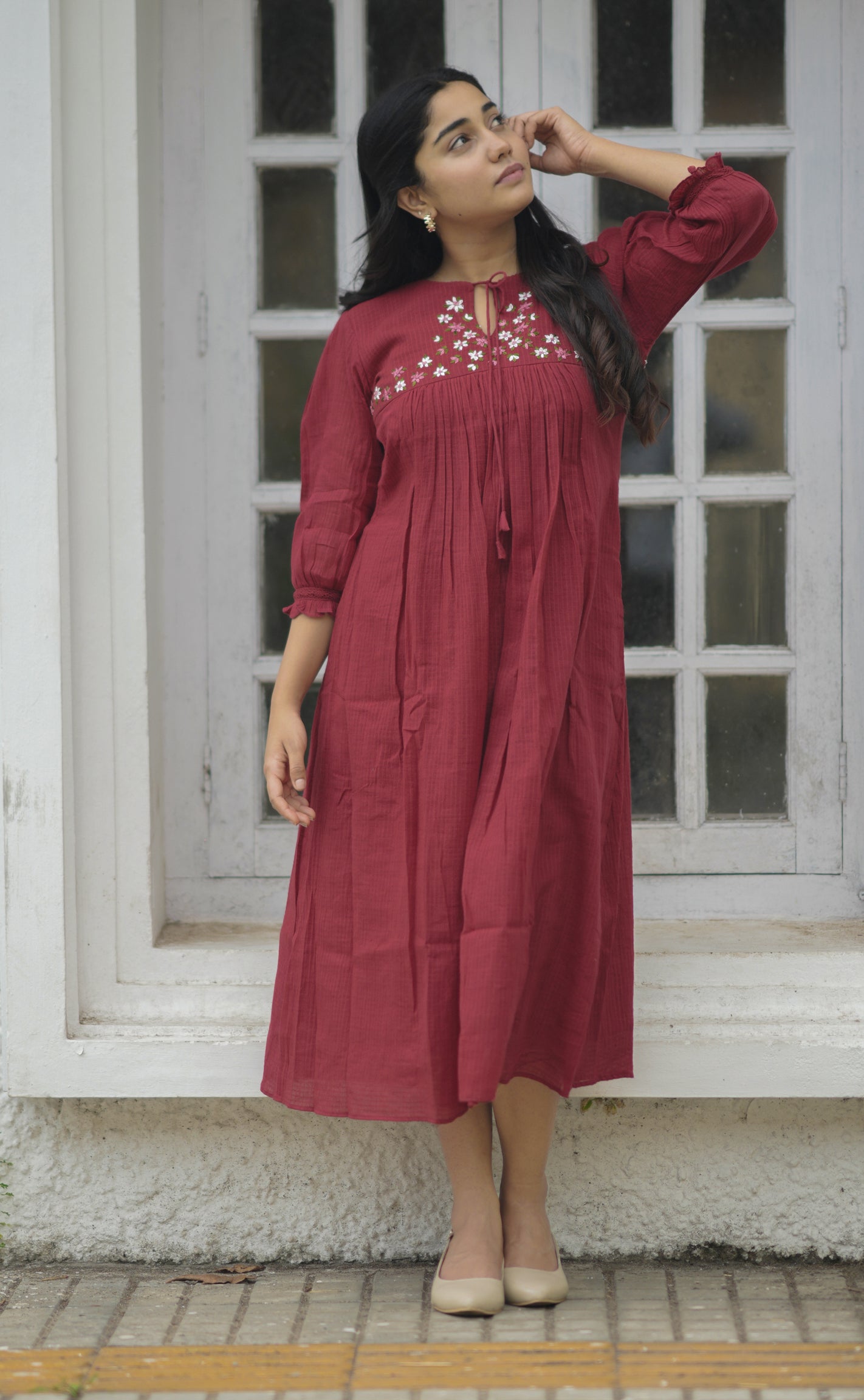 Meroon soft cotton kota kurti/dress with handworked floral thread embroidery on yoke MBS-703