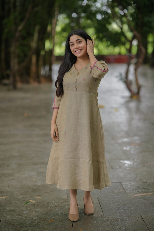 Semi cotton linen mix kurti/ dress with lace detailings in jute shade MBS-656