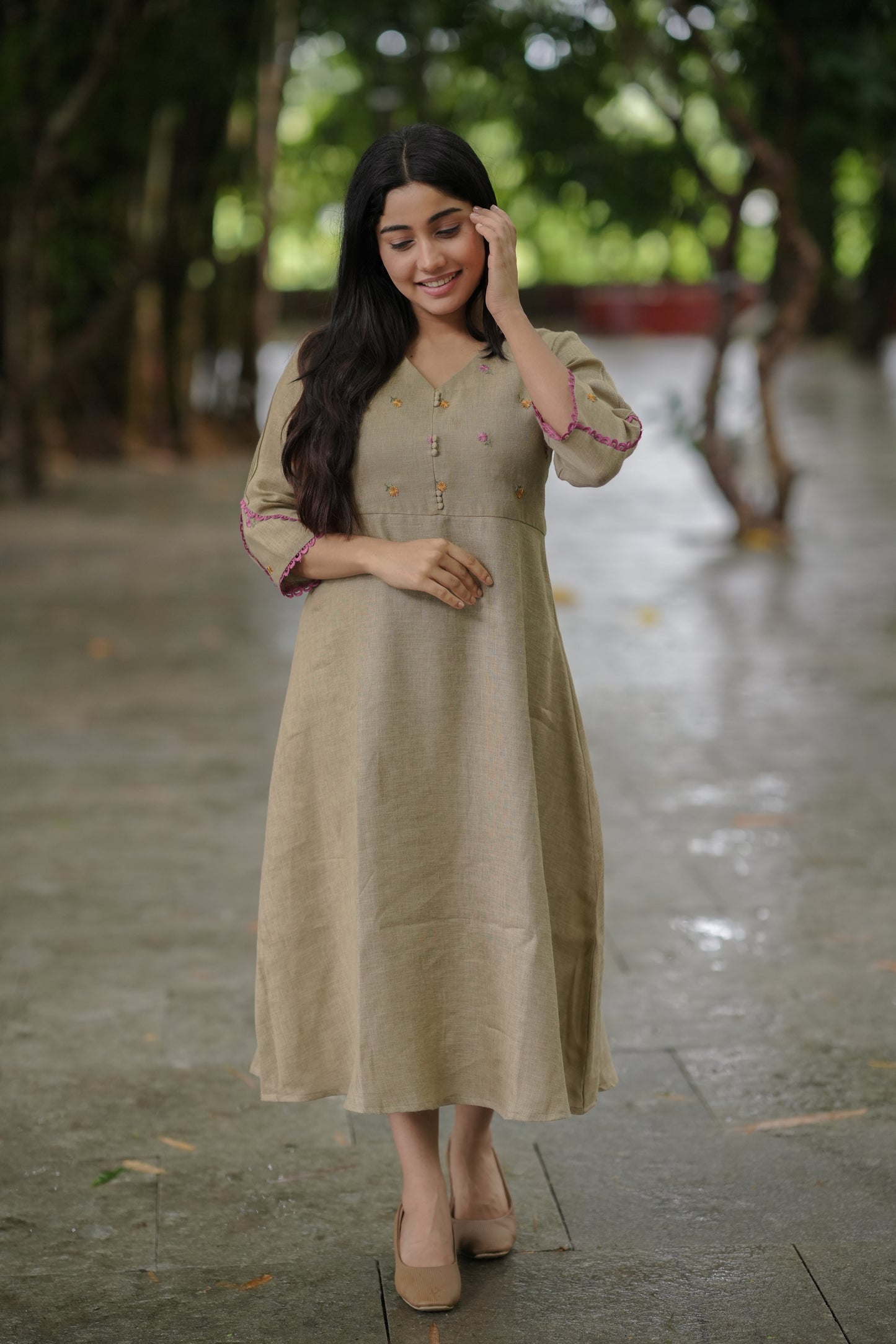 Semi cotton linen mix kurti/ dress with lace detailings in jute shade MBS-656