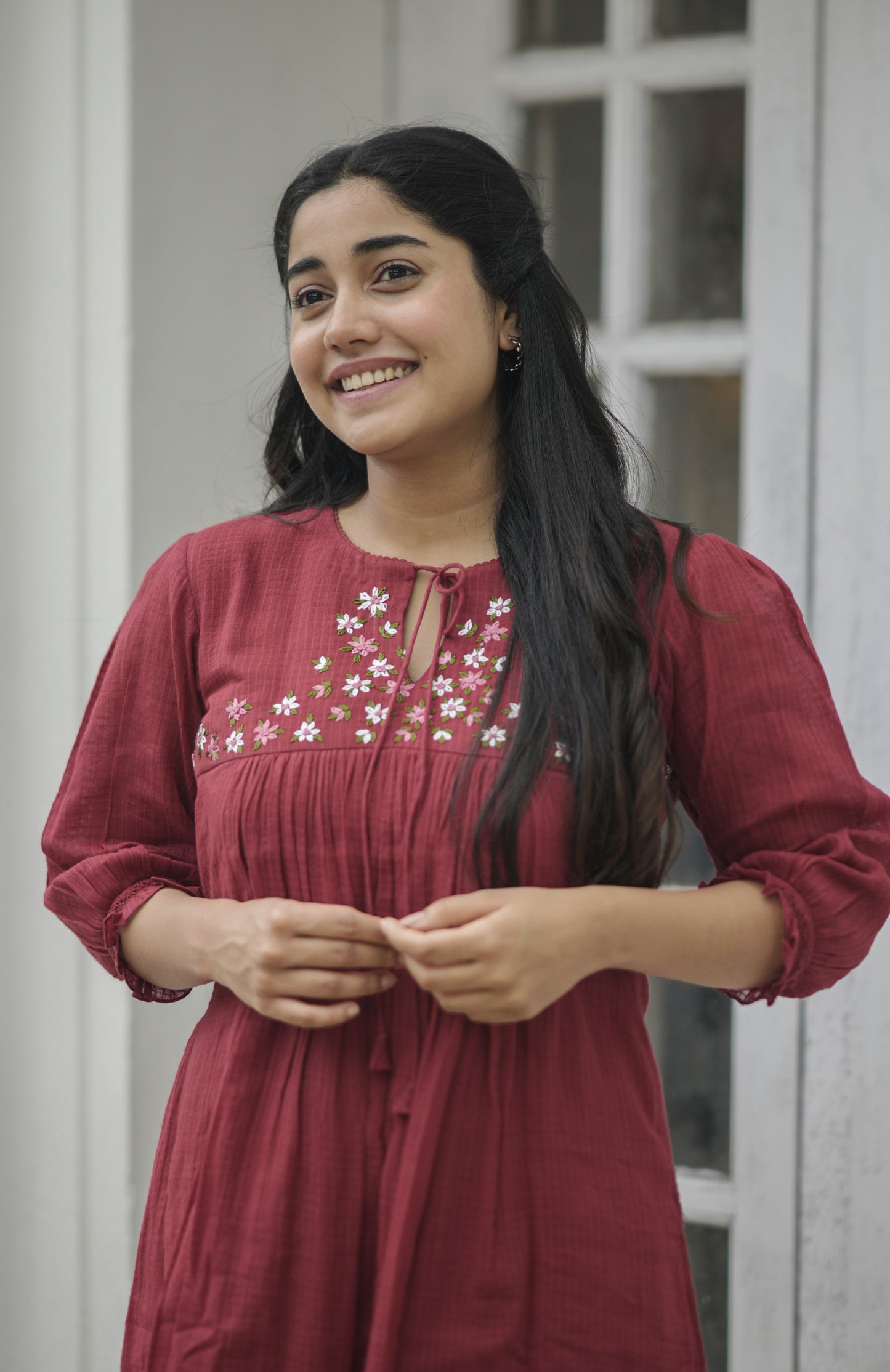 Meroon soft cotton kota kurti/dress with handworked floral thread embroidery on yoke MBS-703