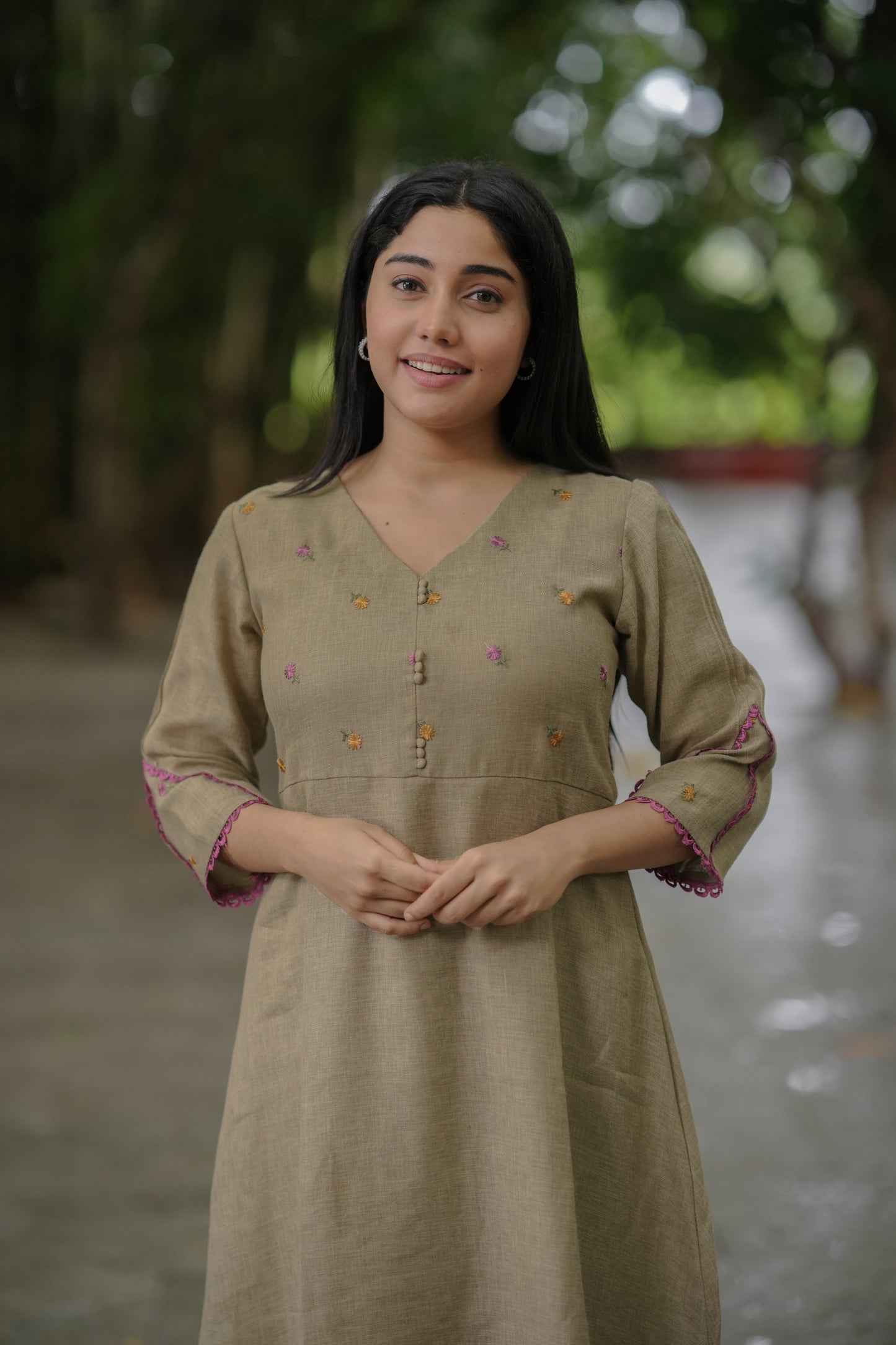 Semi cotton linen mix kurti/ dress with lace detailings in jute shade MBS-656