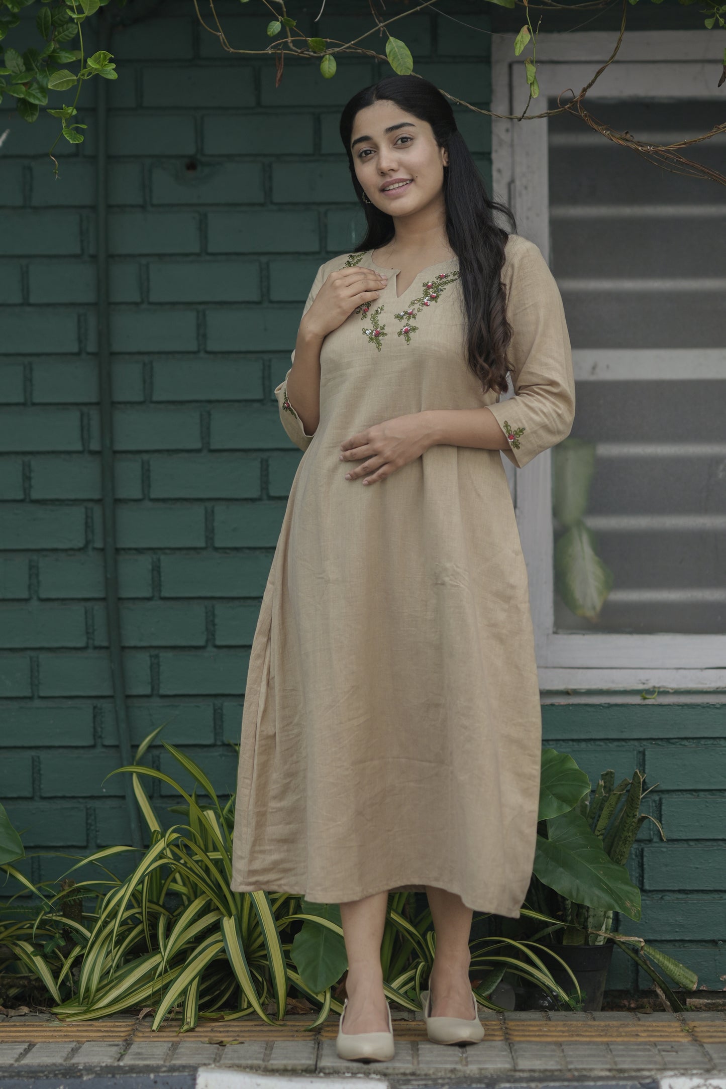 Dark beige cotton flex kurti with green and red handwork detailings on neckline MBS-702