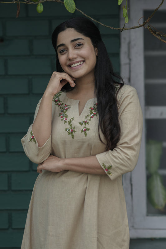 Dark beige cotton flex kurti with green and red handwork detailings on neckline MBS-702