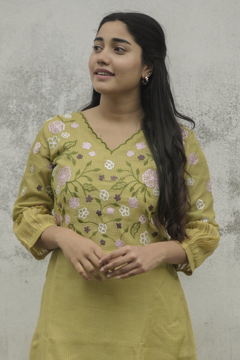 Green semi kota checks kurti with scallopped neckline and multicolour floral embroidered yoke MBS-697