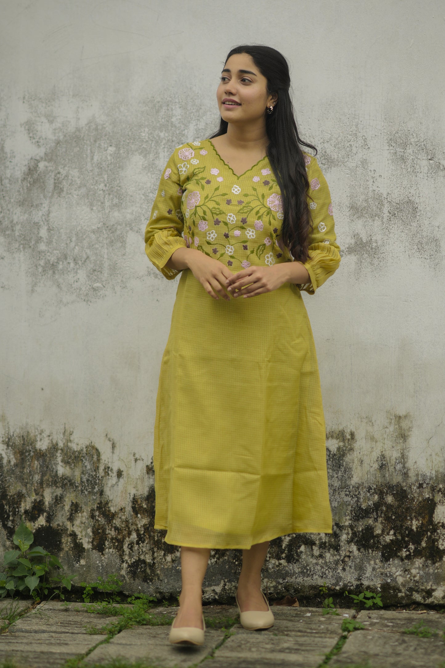 Green semi kota checks kurti with scallopped neckline and multicolour floral embroidered yoke MBS-697