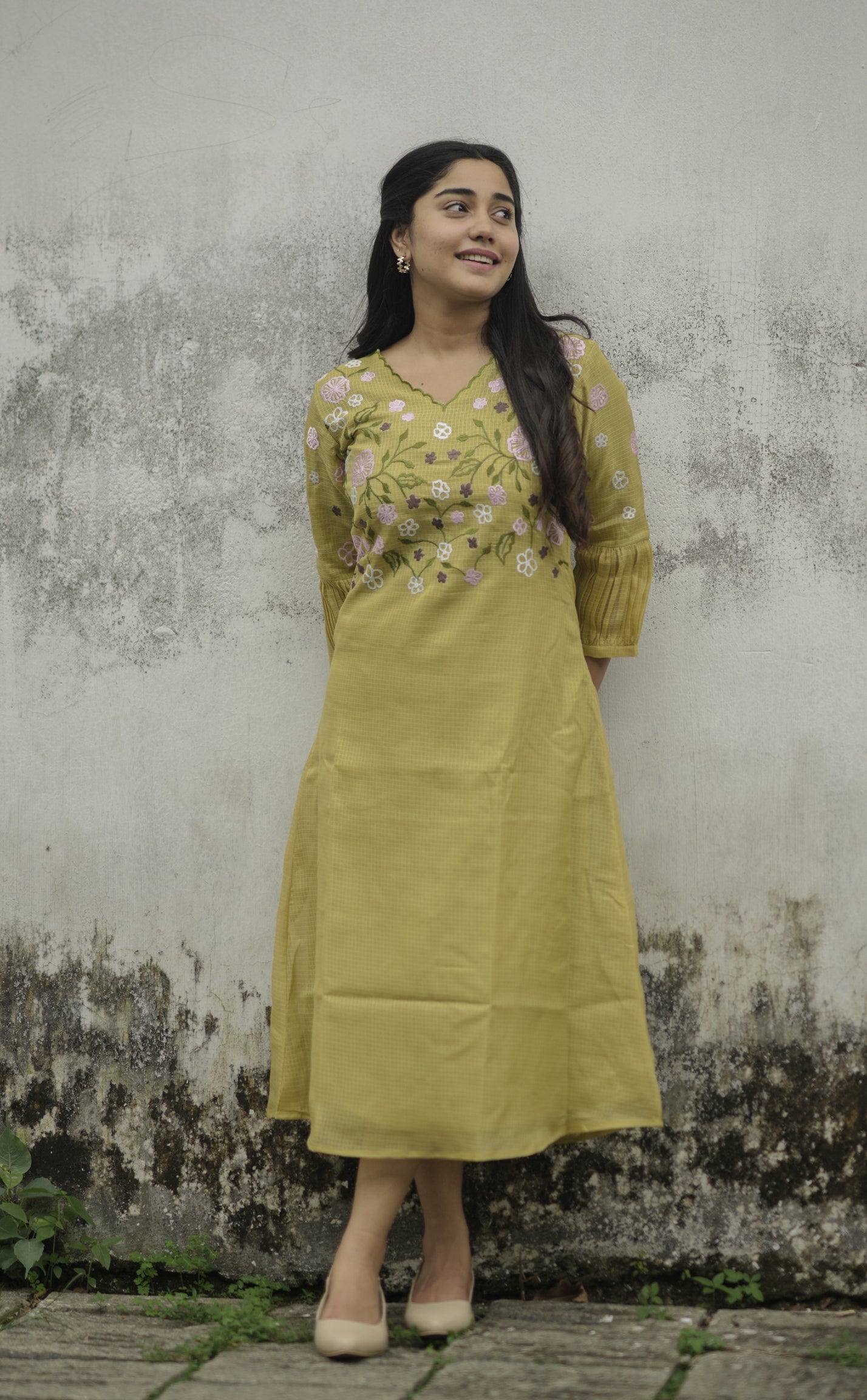 Green semi kota checks kurti with scallopped neckline and multicolour floral embroidered yoke MBS-697