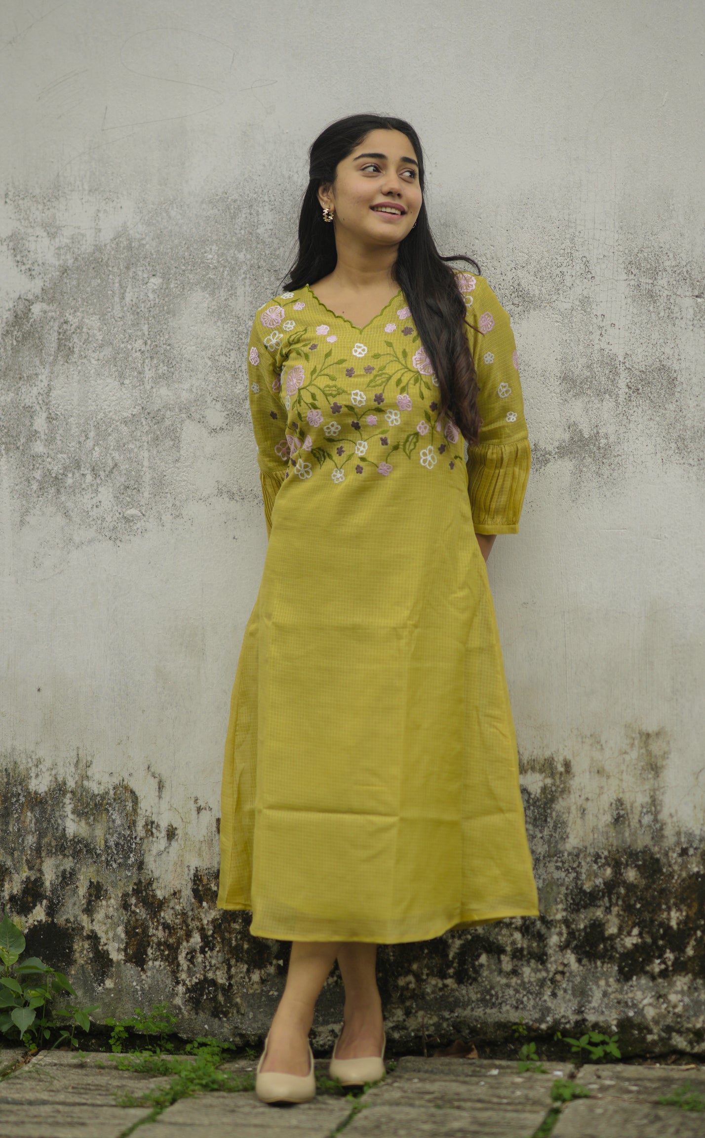 Green semi kota checks kurti with scallopped neckline and multicolour floral embroidered yoke MBS-697