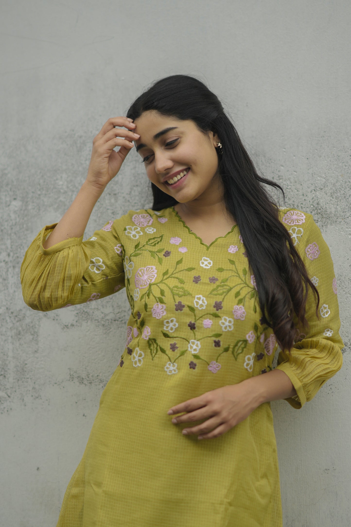 Green semi kota checks kurti with scallopped neckline and multicolour floral embroidered yoke MBS-697