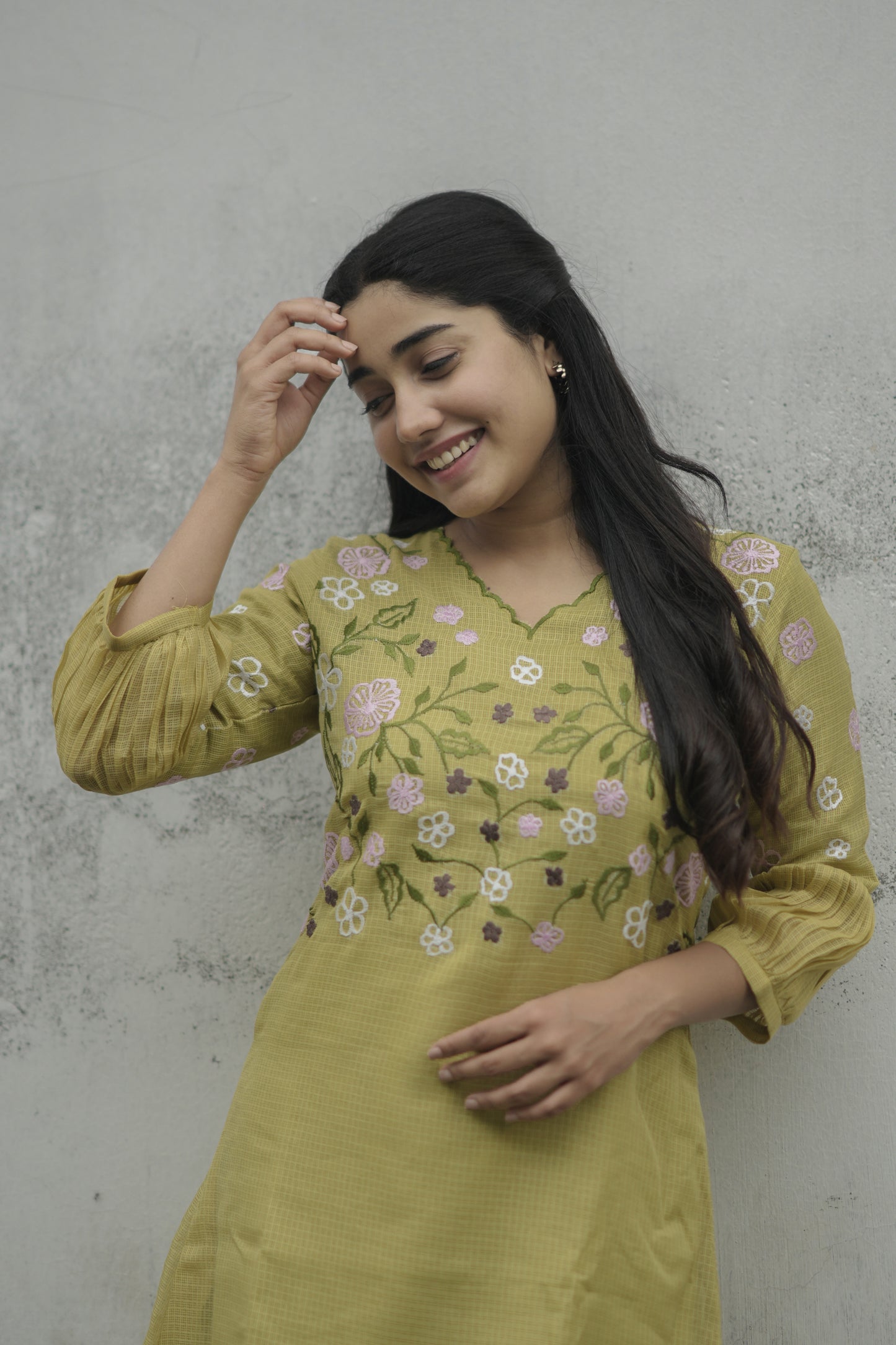 Green semi kota checks kurti with scallopped neckline and multicolour floral embroidered yoke MBS-697