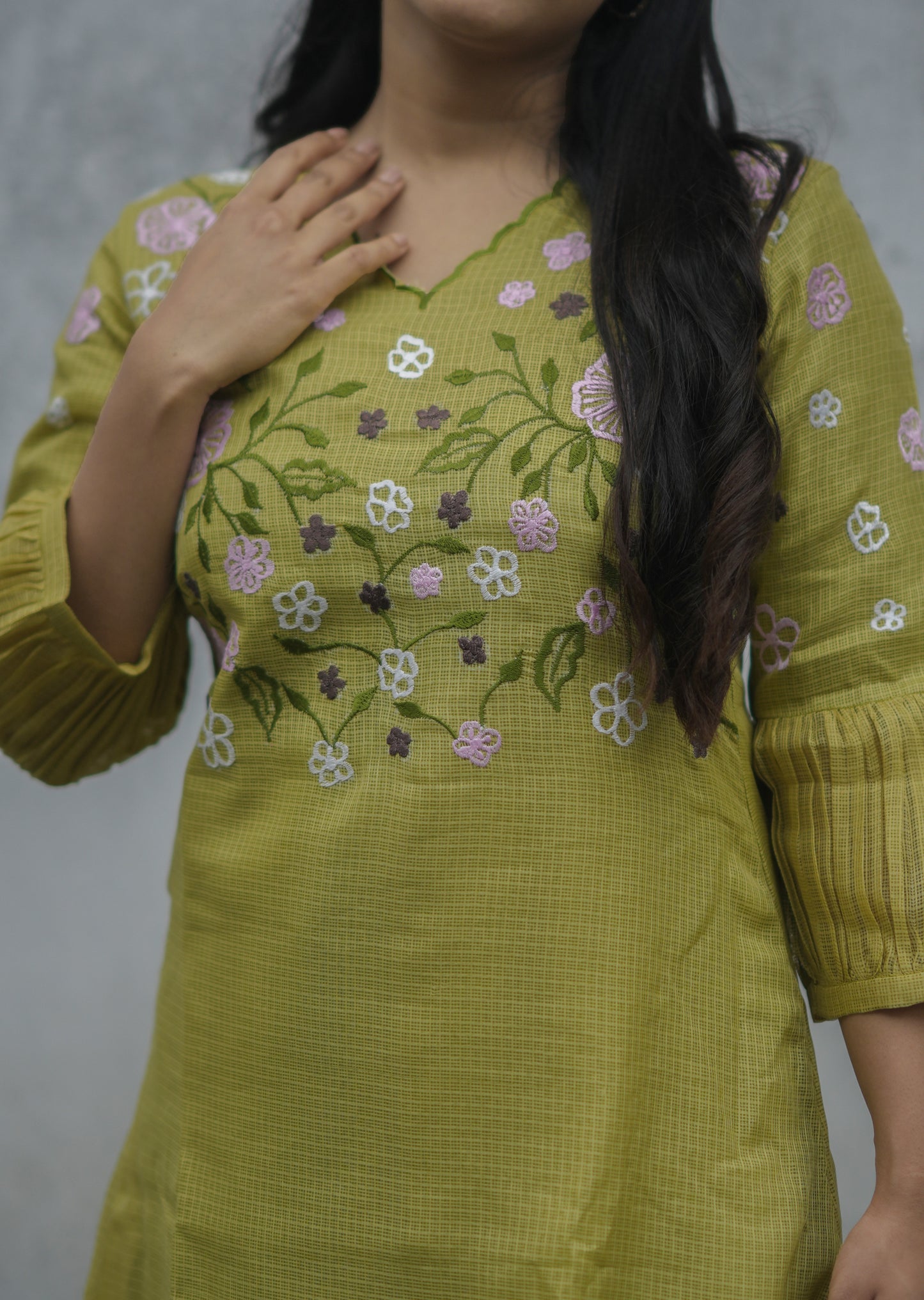 Green semi kota checks kurti with scallopped neckline and multicolour floral embroidered yoke MBS-697