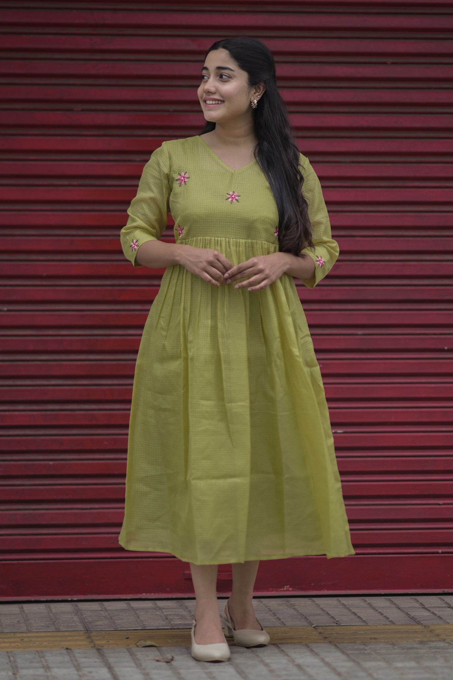 Green semi kota checks kurti with floral embroidered yoke and gathers MBS-709