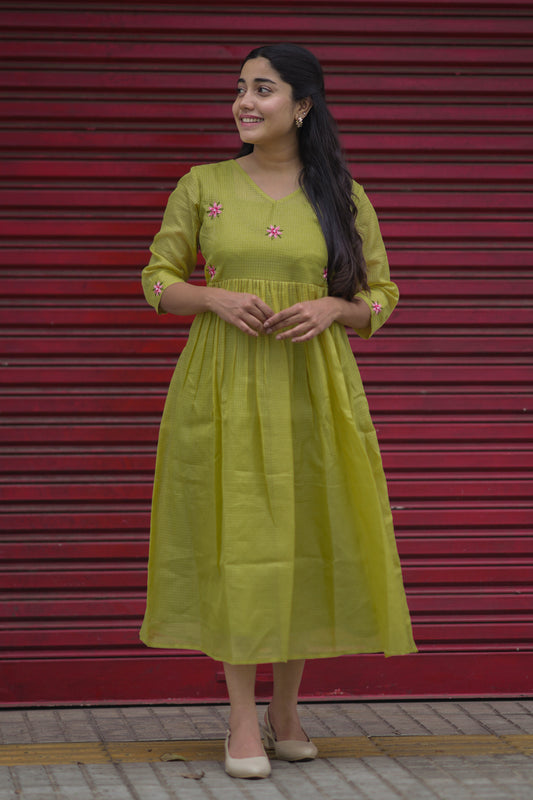 Green semi kota checks kurti with floral embroidered yoke and gathers MBS-709