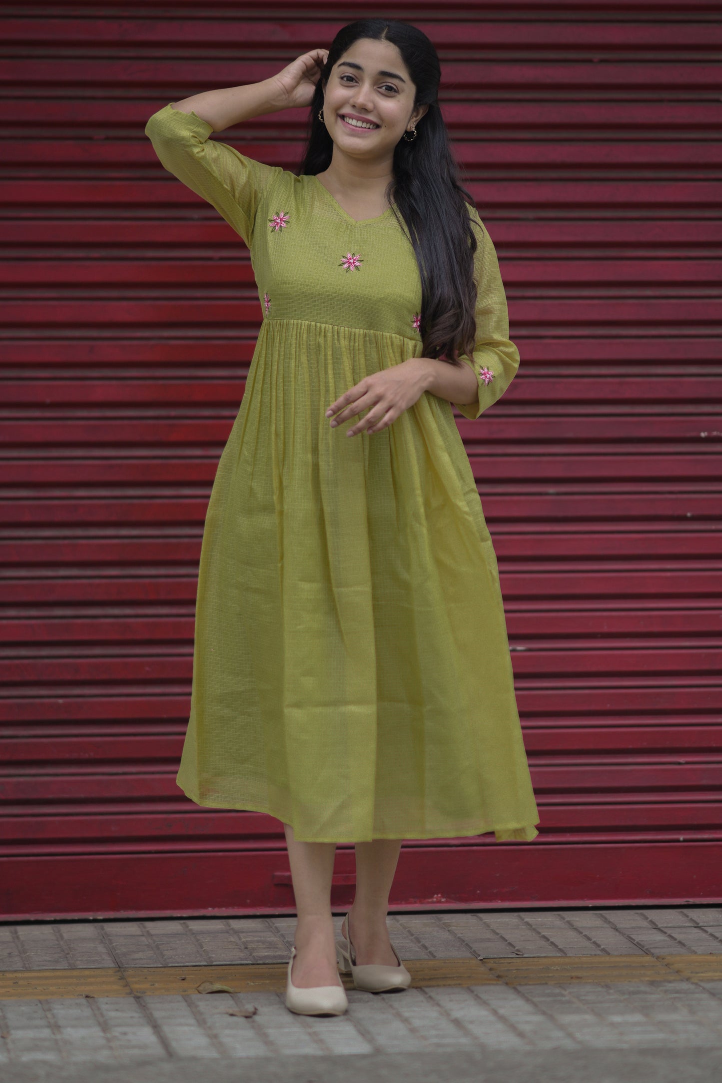 Green semi kota checks kurti with floral embroidered yoke and gathers MBS-709