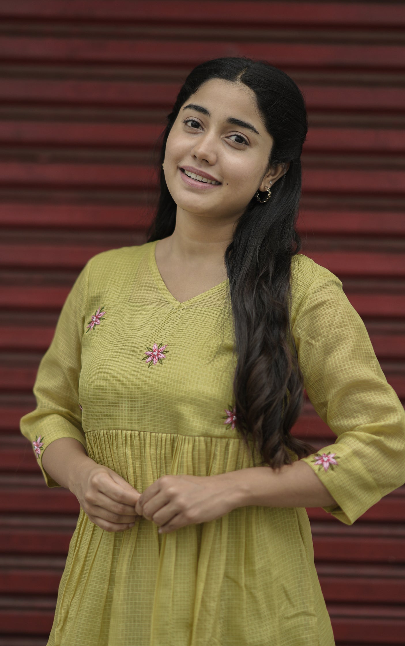 Green semi kota checks kurti with floral embroidered yoke and gathers MBS-709