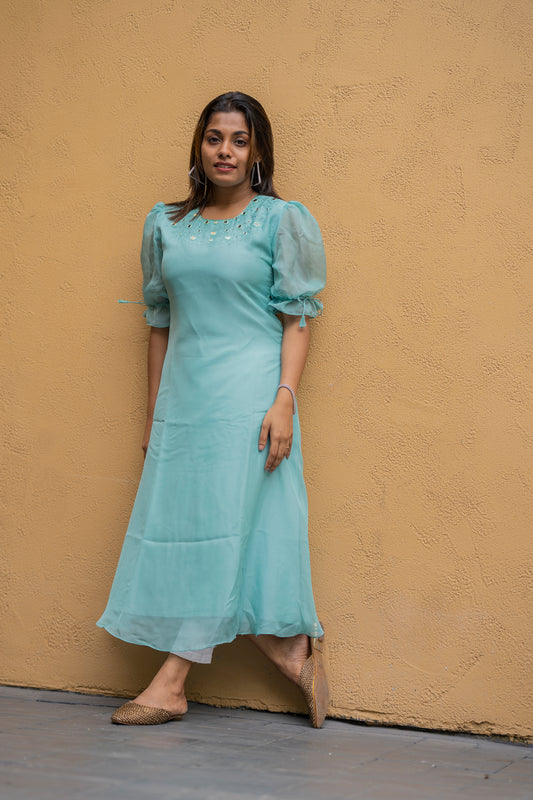 Pale turquoise shaded soft organza kurti with mirror worked neckline MBS-424