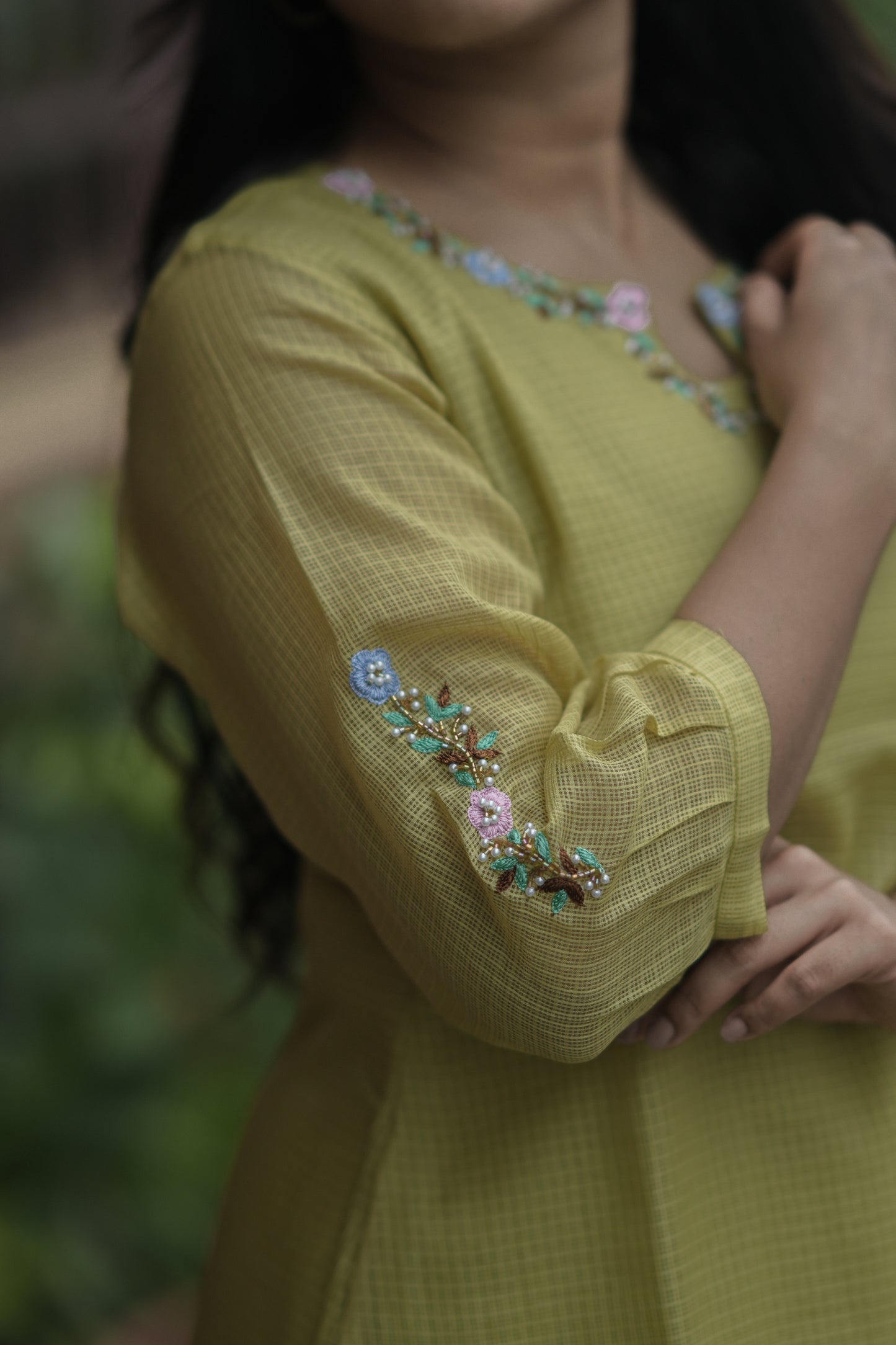 Green semi kota checks Aline kurti with handworked neckline and sleeves MBS-710