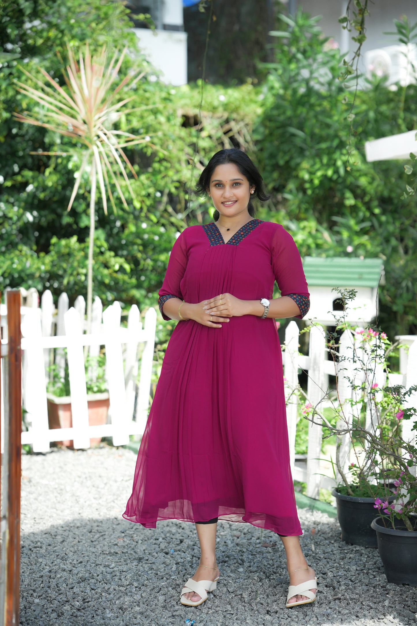 Magenta shaded A-line kurti with thread worked neck and sleeves MBS-R186