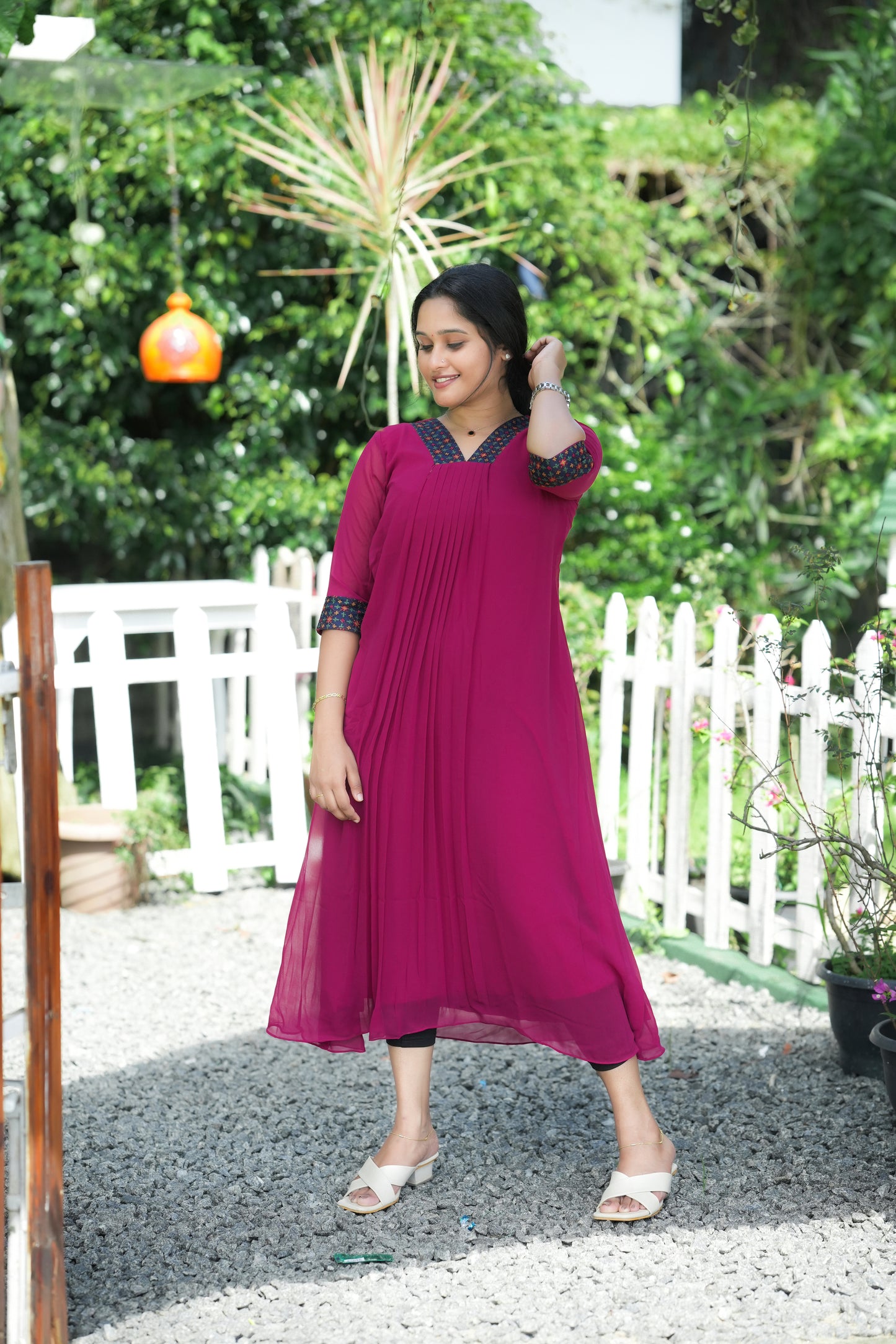 Magenta shaded A-line kurti with thread worked neck and sleeves MBS-R186