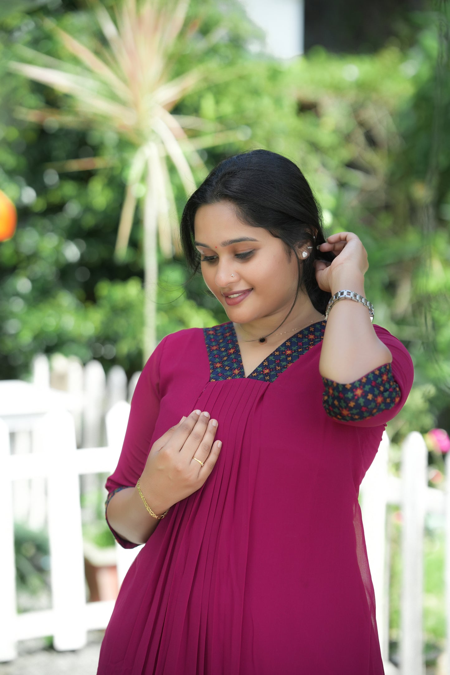 Magenta shaded A-line kurti with thread worked neck and sleeves MBS-R186