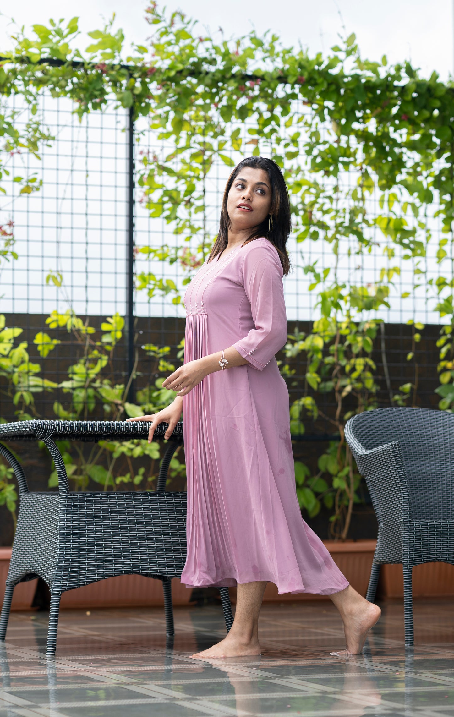 Pastel lilac shaded georgette Aline kurti with handworked yoke and pleats MBS-383